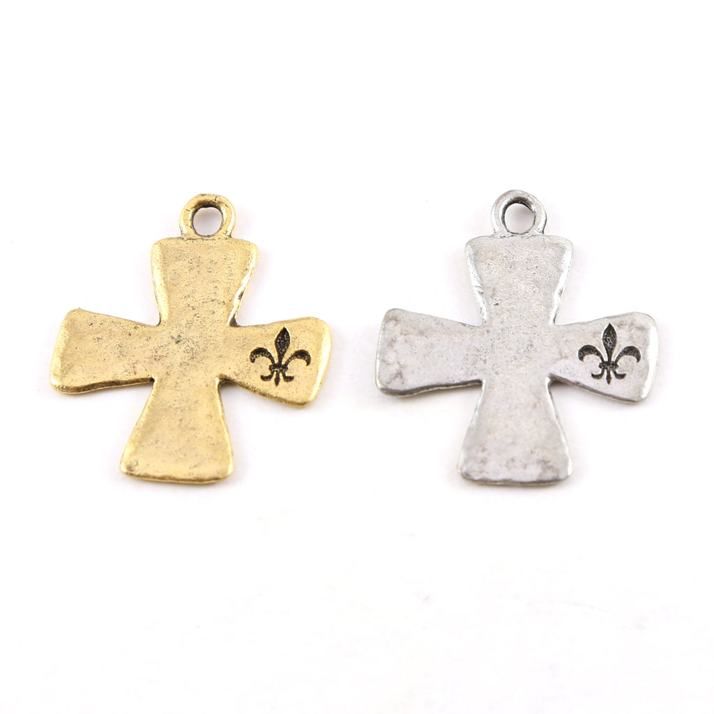 25mmx30mm Pewter Fleur De Lis Stamped Edge Cross Pendant Religious