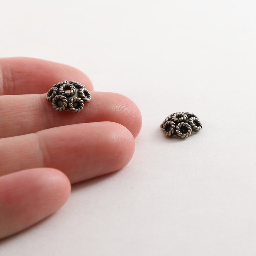 Sterling Silver 3mm x 7mm Rope Flower Bali Style Bead Cap (2pc)