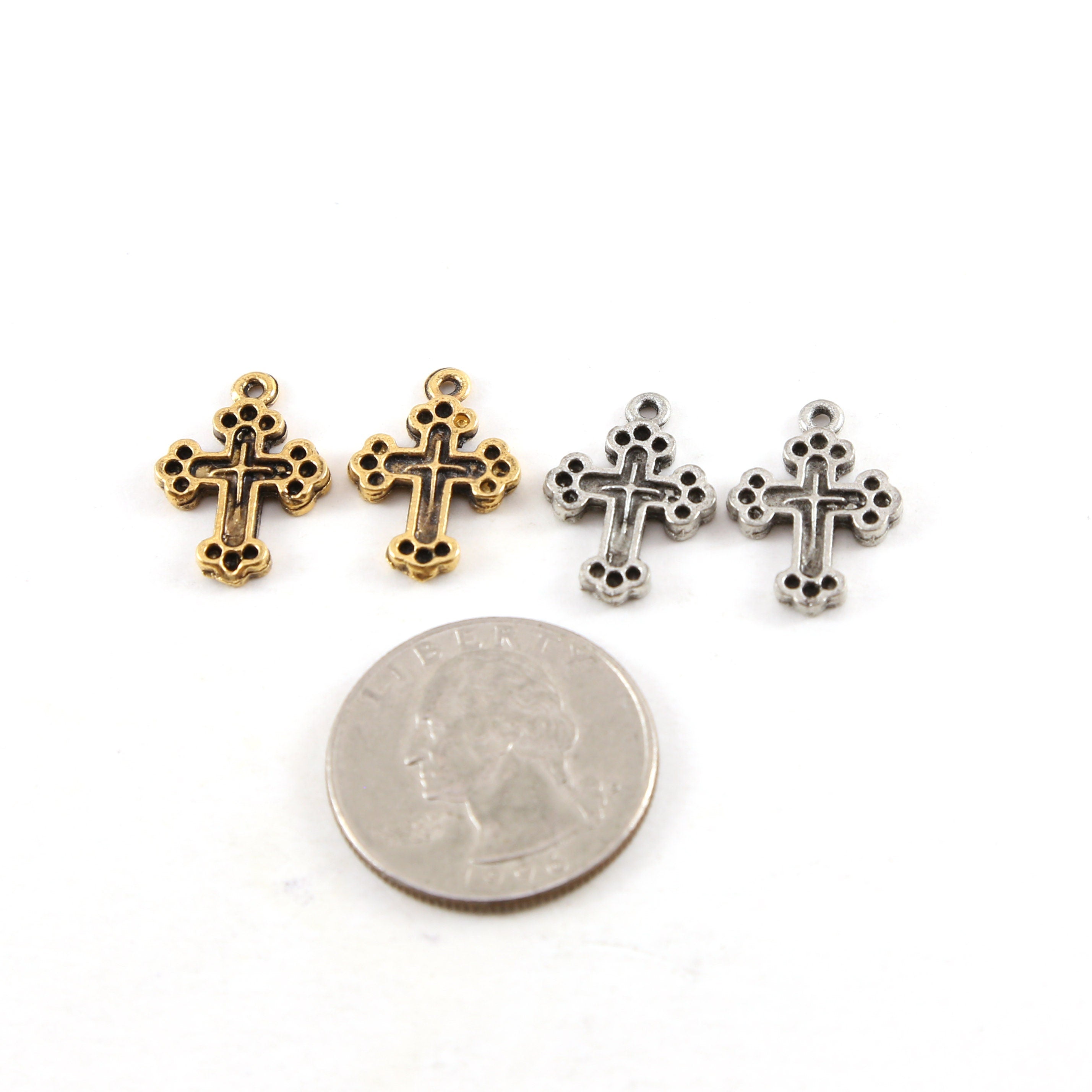 19mmx13mm Pewter Dotted Edges Cross Pendant Religious Spiritual Catholic (2pc)
