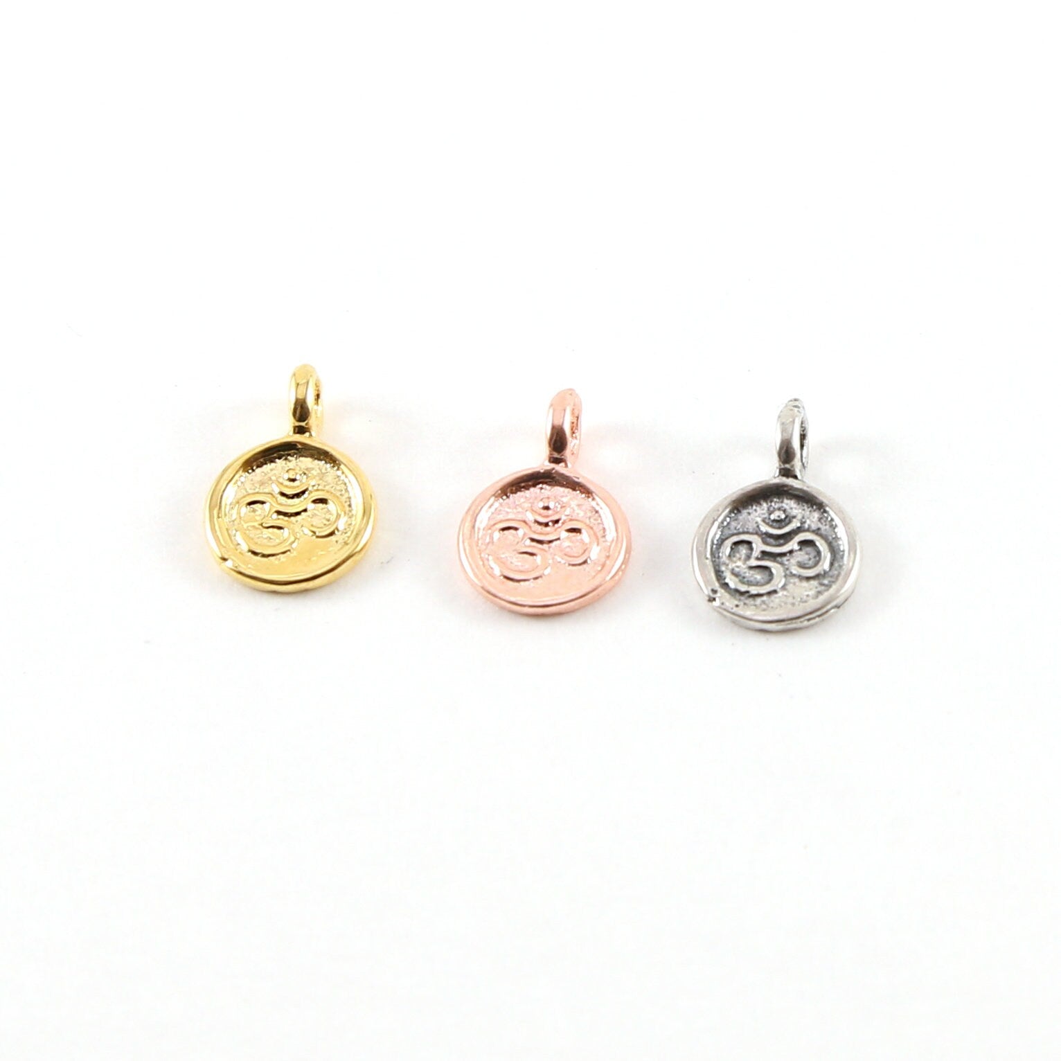 Sterling Silver or Vermeil Tiny Mini Round Om Ohm Stamped Embossed Charm