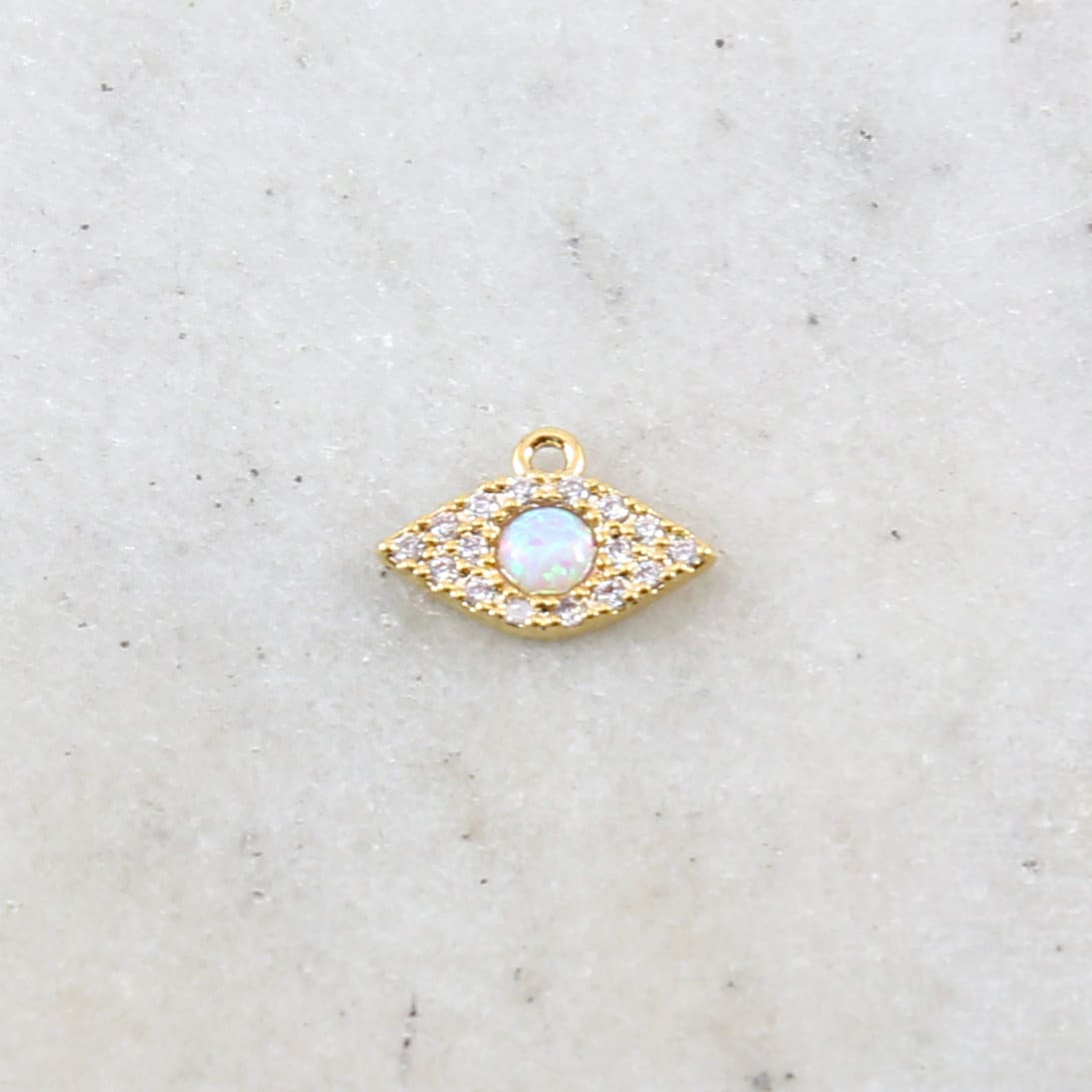 Rhodium Plated Gold Pave CZ Evil Eye Pendant Charm with Opal Stone