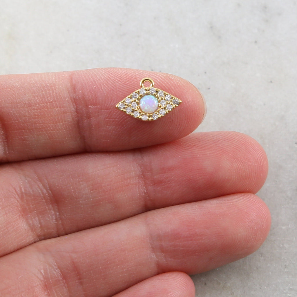 Rhodium Plated Gold Pave CZ Evil Eye Pendant Charm with Opal Stone