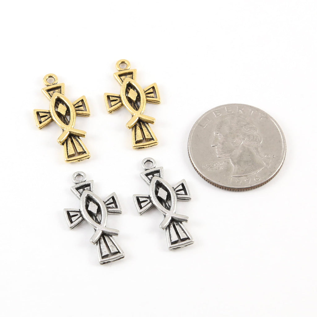 25mmx14mm Pewter Christian Fish Cross Charm Pendant Religious Spiritual (2pc)