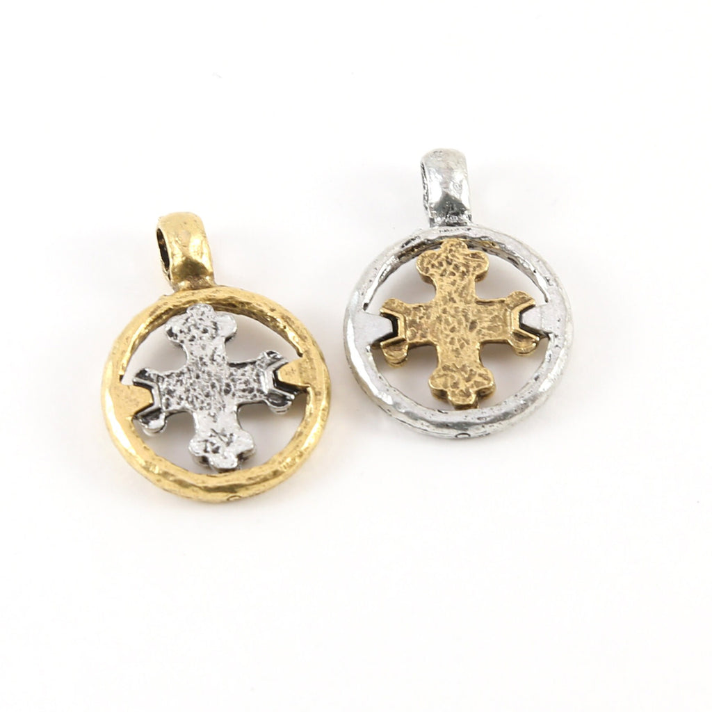 Pewter Silver and Gold Medieval Cross Coin Ring Charm Pendant