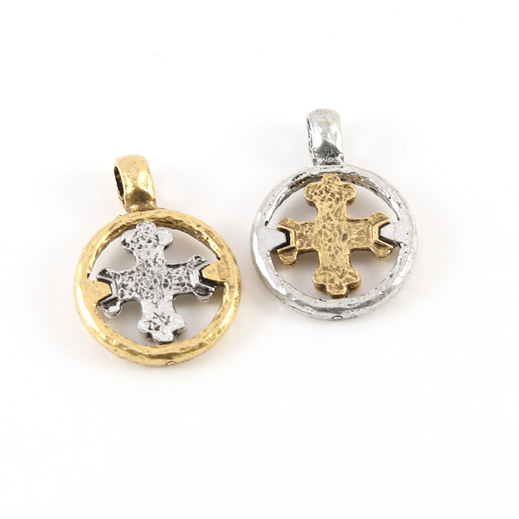 Pewter Silver and Gold Medieval Cross Coin Ring Charm Pendant