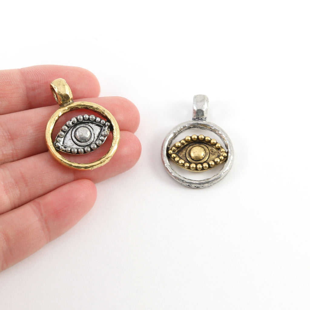 Pewter Gold and Silver Evil Eye Pendant Charm with Cut Out