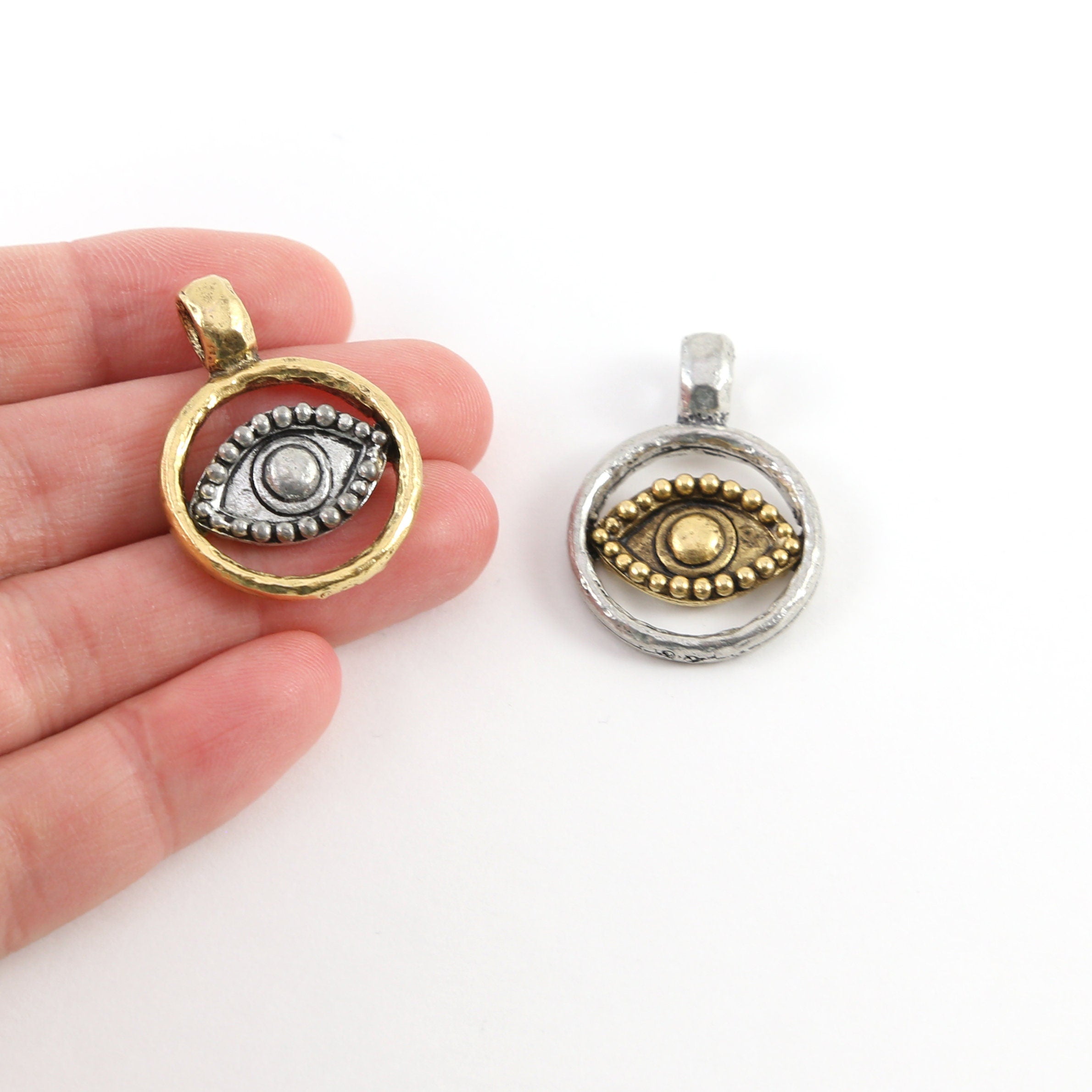 Pewter Gold and Silver Evil Eye Pendant Charm with Cut Out
