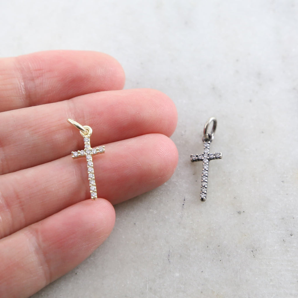 Sterling Silver or Vermeil Long Oxidized or CZ Cross Religious Charm Pendant