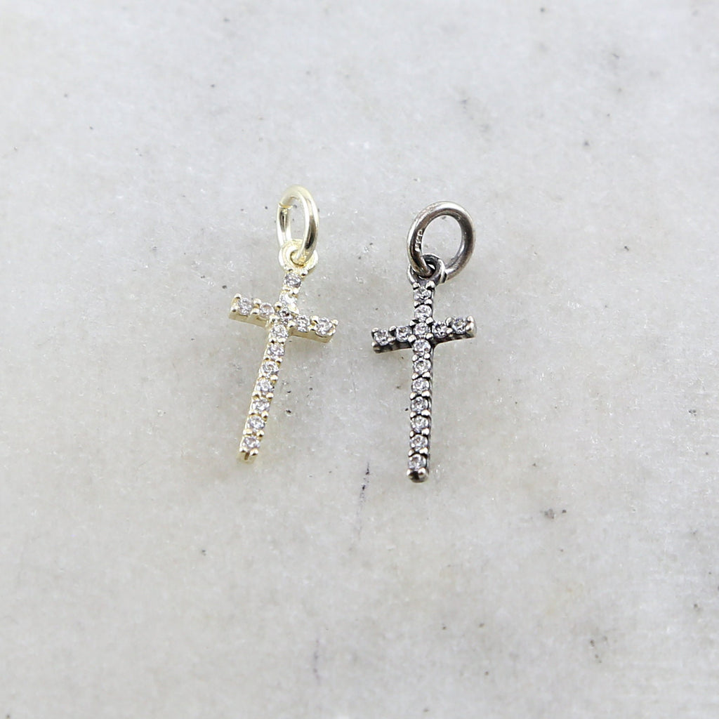 Sterling Silver or Vermeil Long Oxidized or CZ Cross Religious Charm Pendant