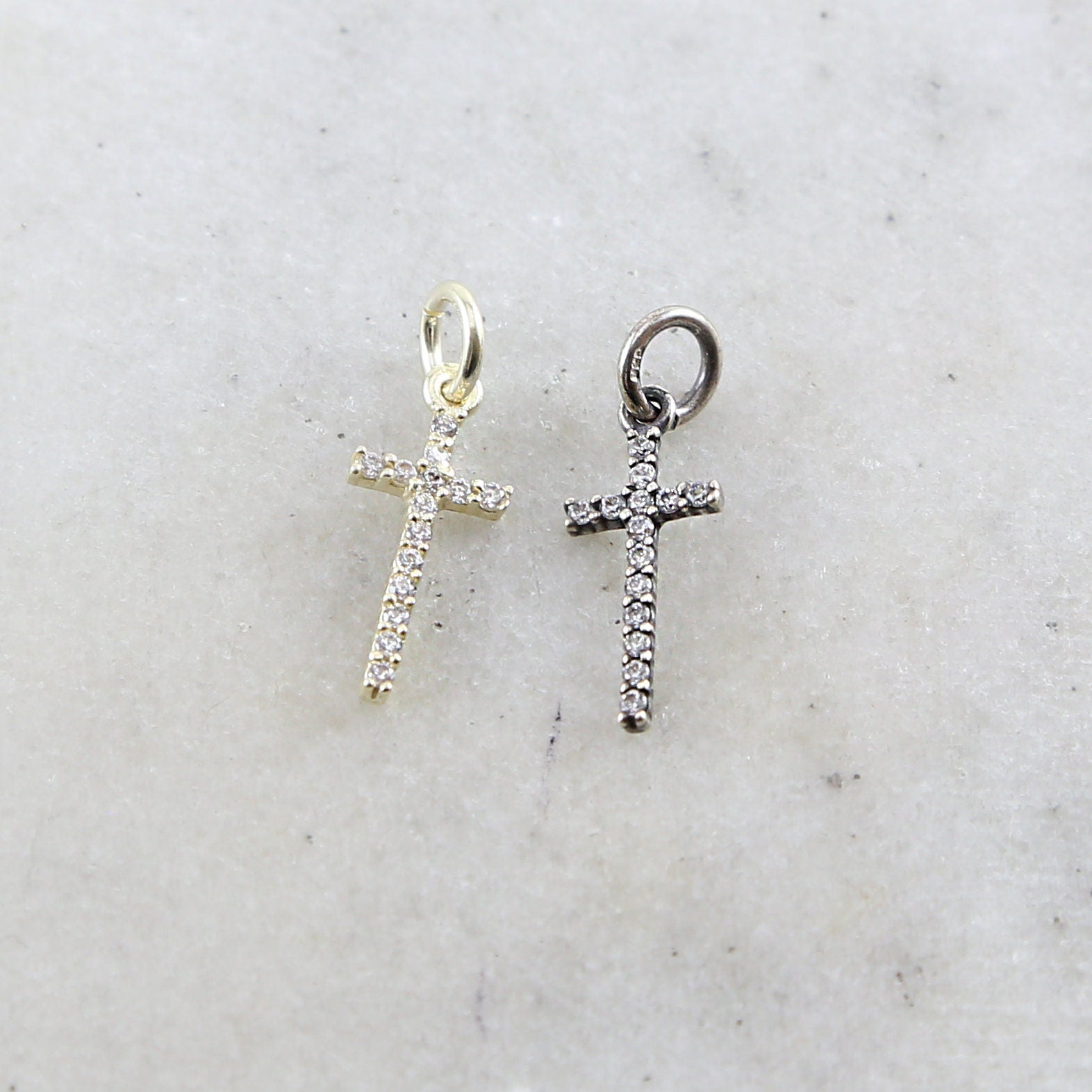 Sterling Silver or Vermeil Long Oxidized or CZ Cross Religious Charm Pendant