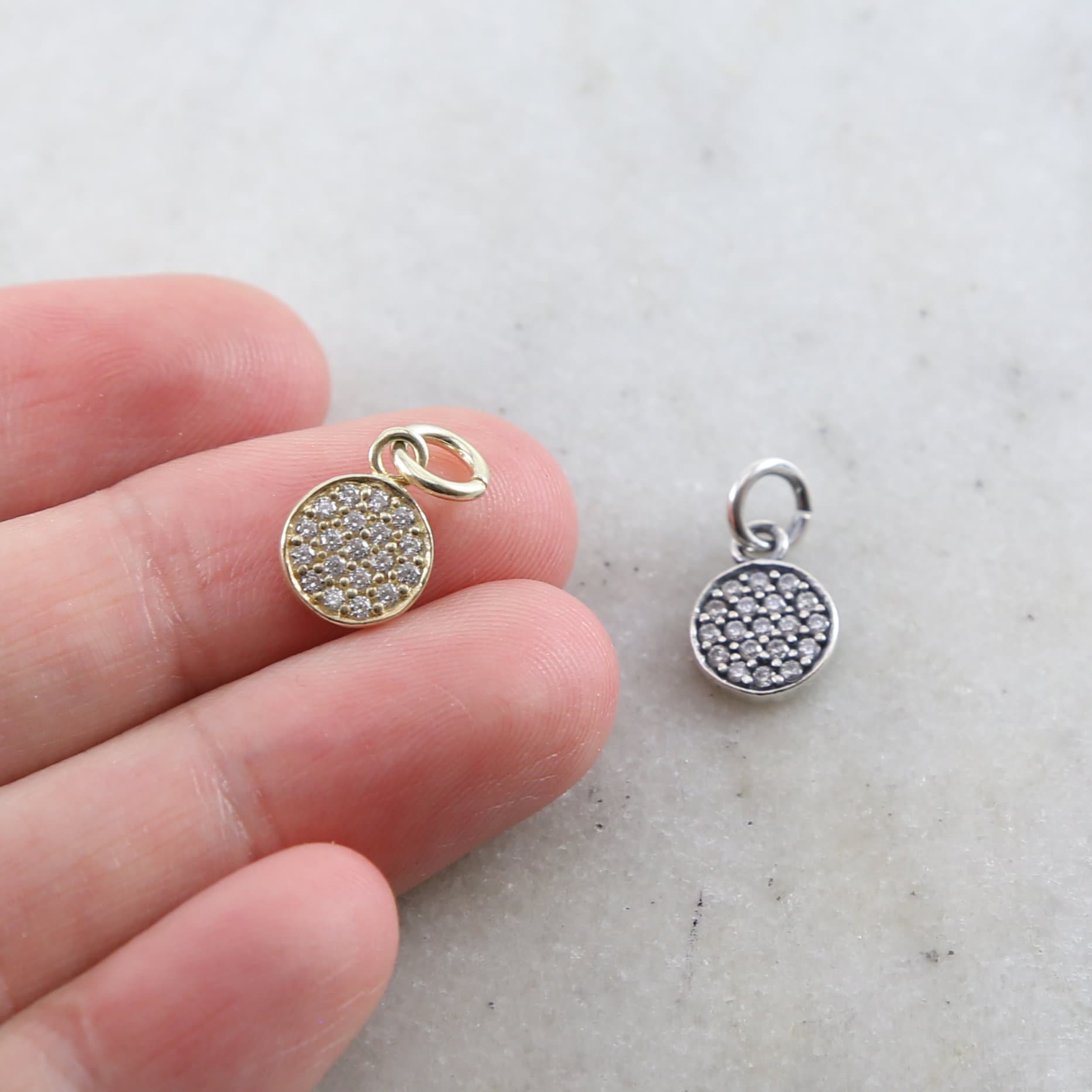 Sterling Silver or Vermeil Round Circle CZ Pave Cubic Zirconia Disc Charm Coin