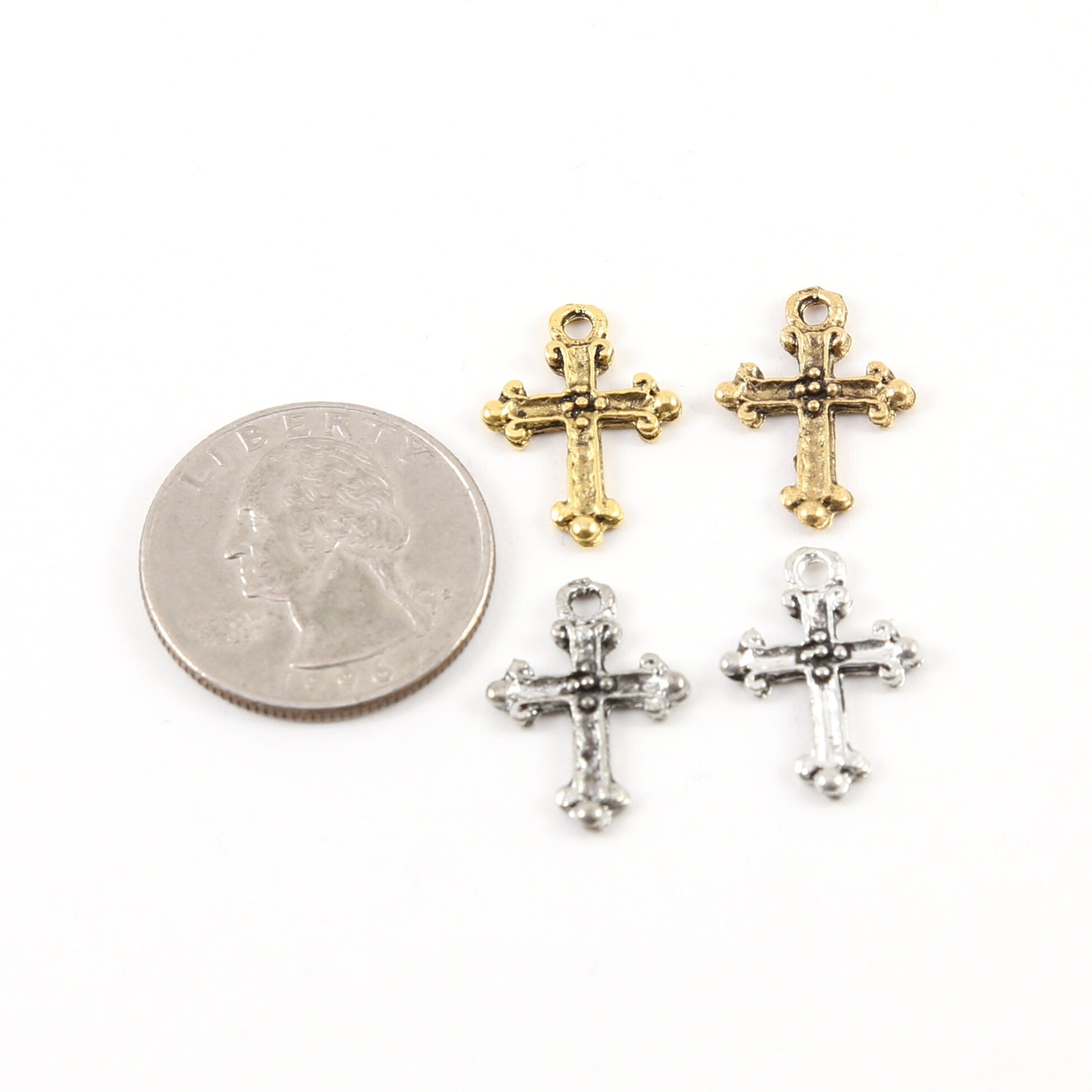 Pewter Mini Tiny Small Fleur De Lis Cross Charm Pendant (2pc)