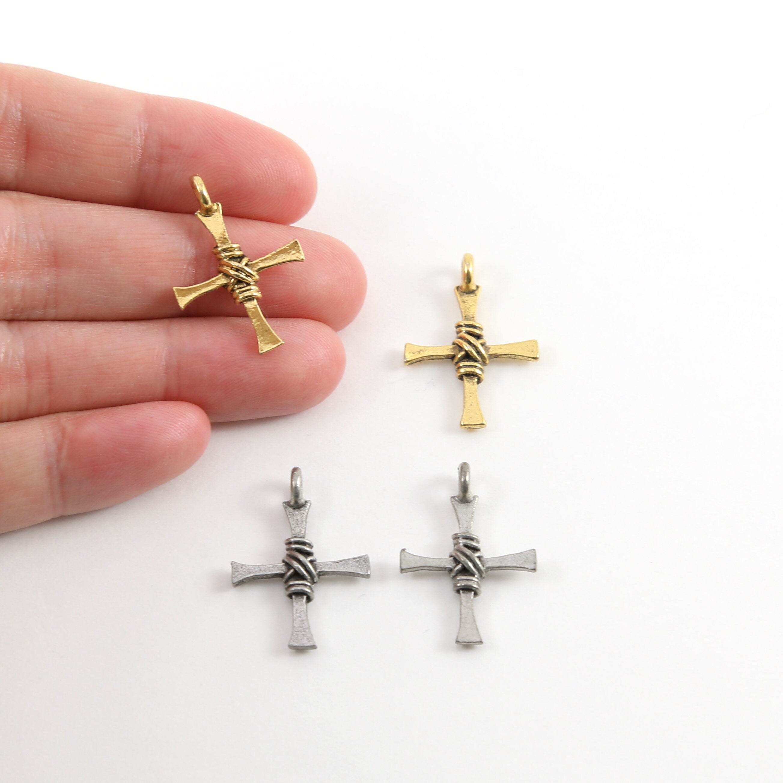 Pewter Rope Twisted Wire Detailing Center Cross Charm Pendant (2pc)