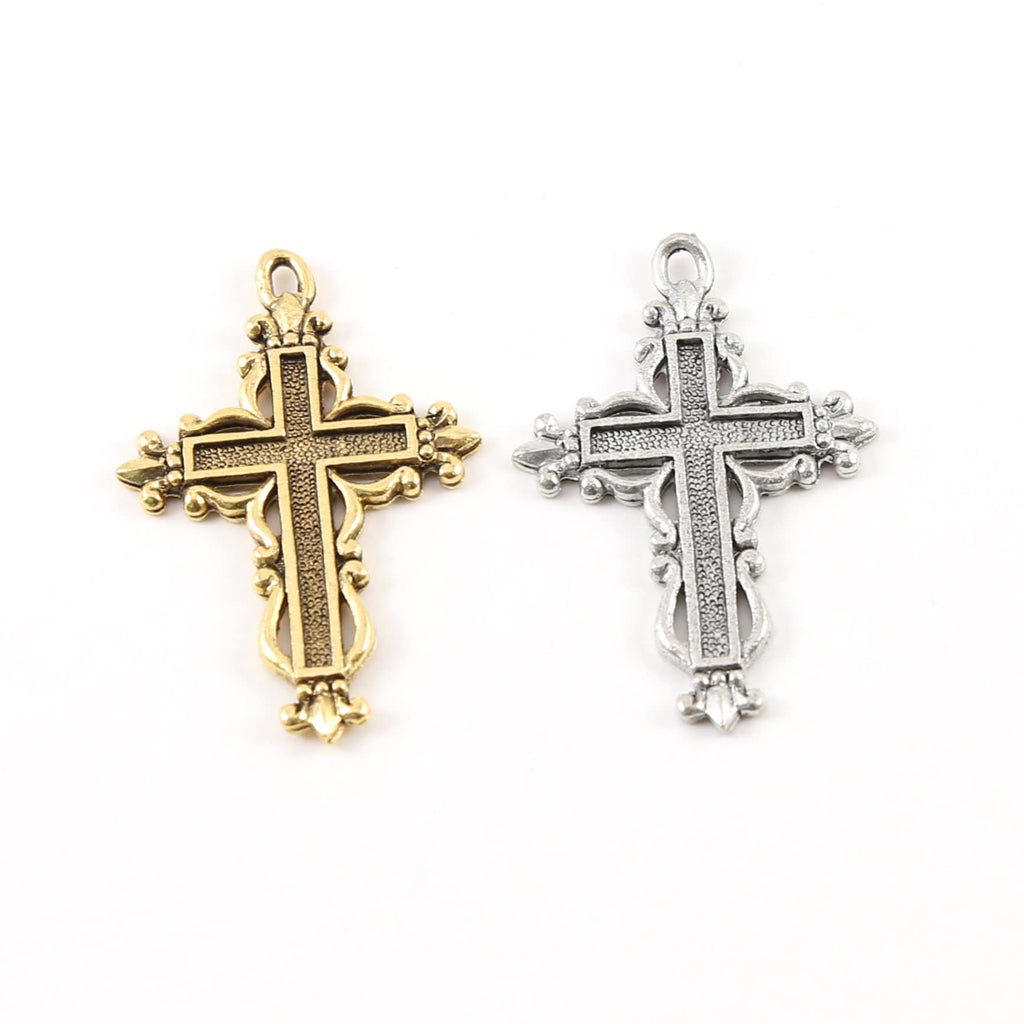 35mmx23mm Pewter Indented Cross with Fancy Edge Fleur De Lis Design
