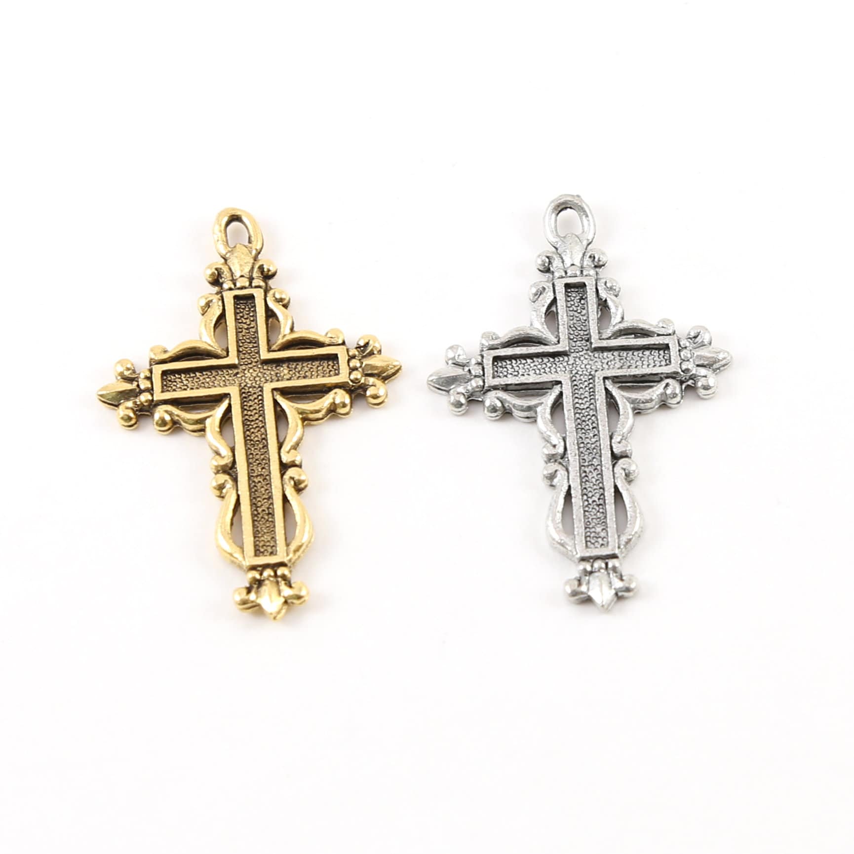 35mmx23mm Pewter Indented Cross with Fancy Edge Fleur De Lis Design