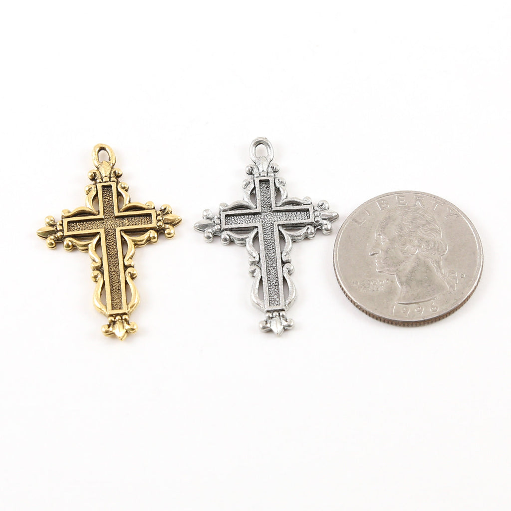 35mmx23mm Pewter Indented Cross with Fancy Edge Fleur De Lis Design
