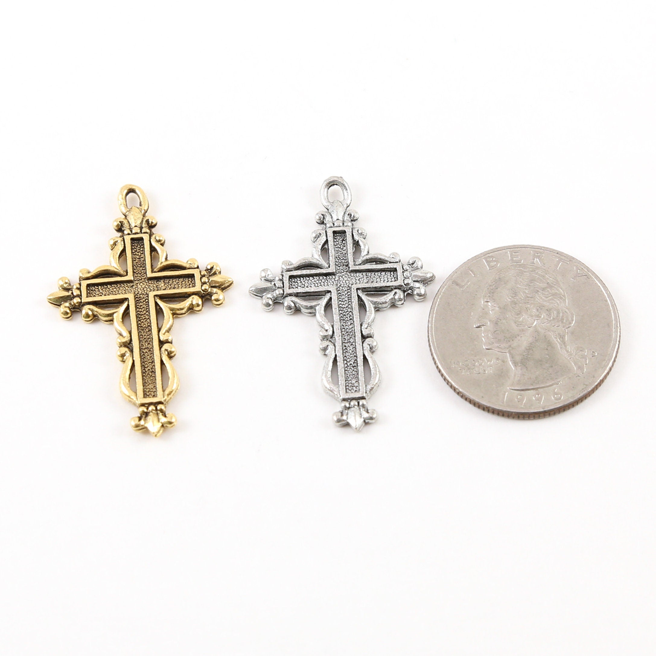 35mmx23mm Pewter Indented Cross with Fancy Edge Fleur De Lis Design