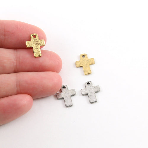 12mmx9mm Pewter Small Little Dainty Hammered Textured Cross Charm (2pc)
