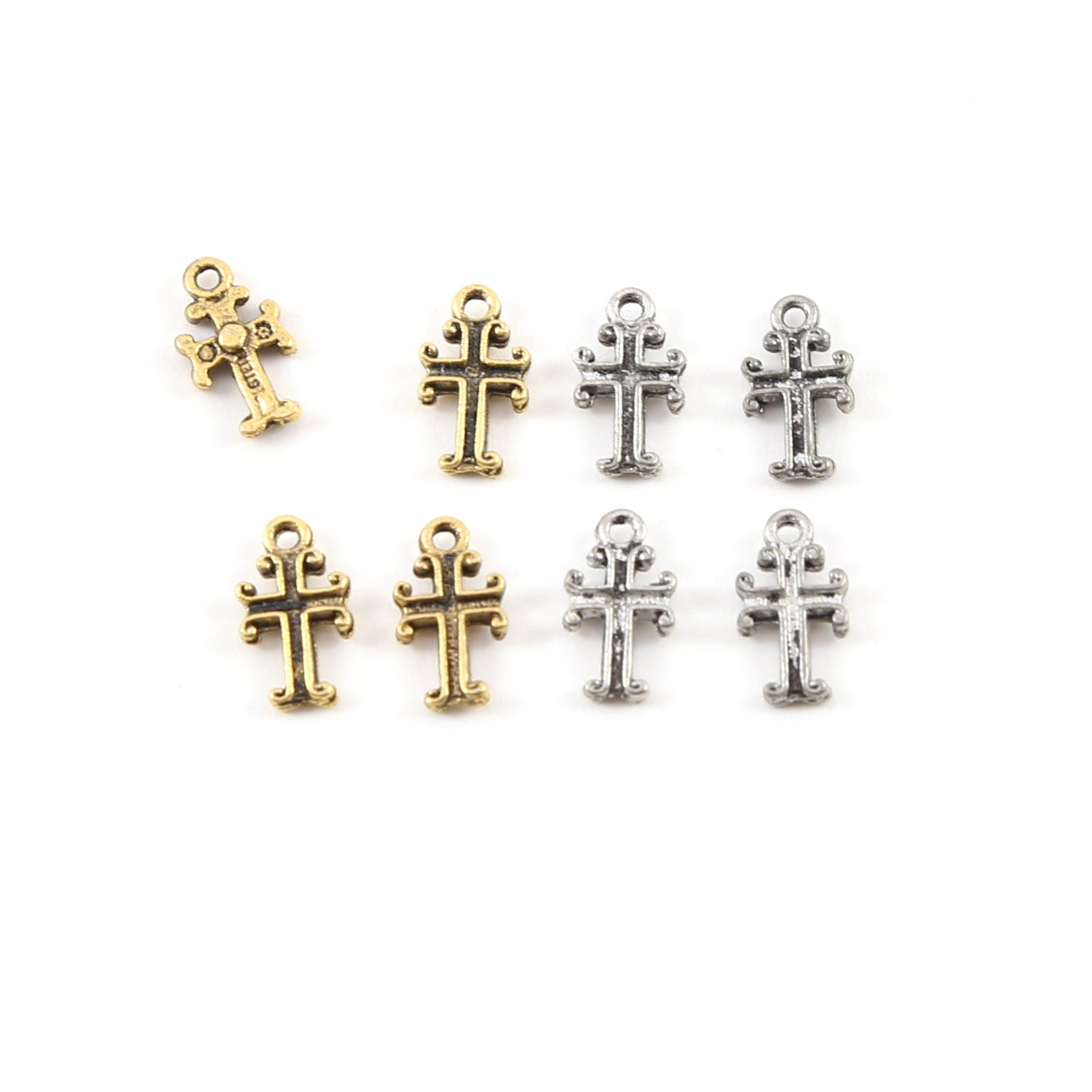 10mmx5mm Pewter Tiny Cross with Curled Edges Small Little Dainty Charm (4pc)