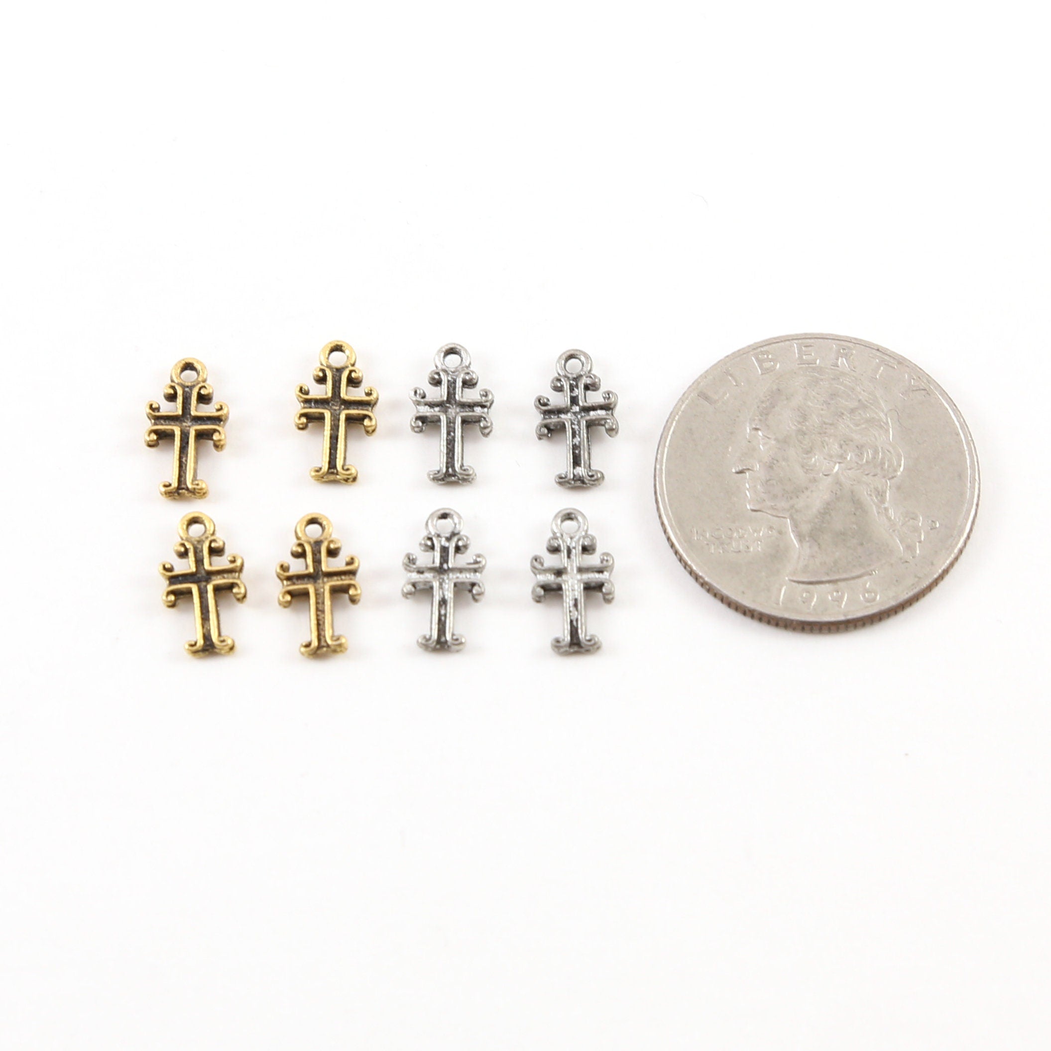 10mmx5mm Pewter Tiny Cross with Curled Edges Small Little Dainty Charm (4pc)