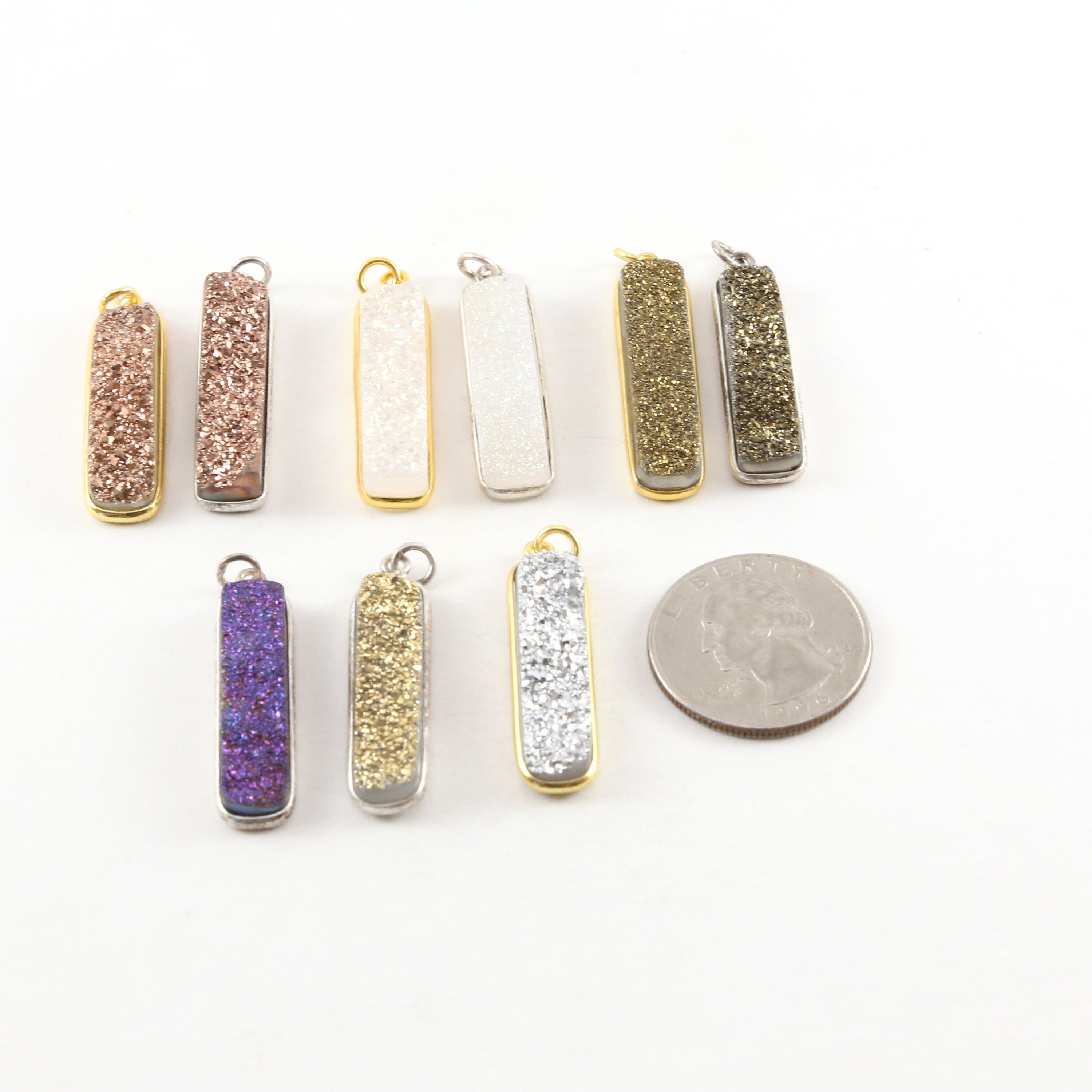 Sterling Silver or Vermeil Tall Sparkling Druzy Bar Pendant Charm 1 Loop