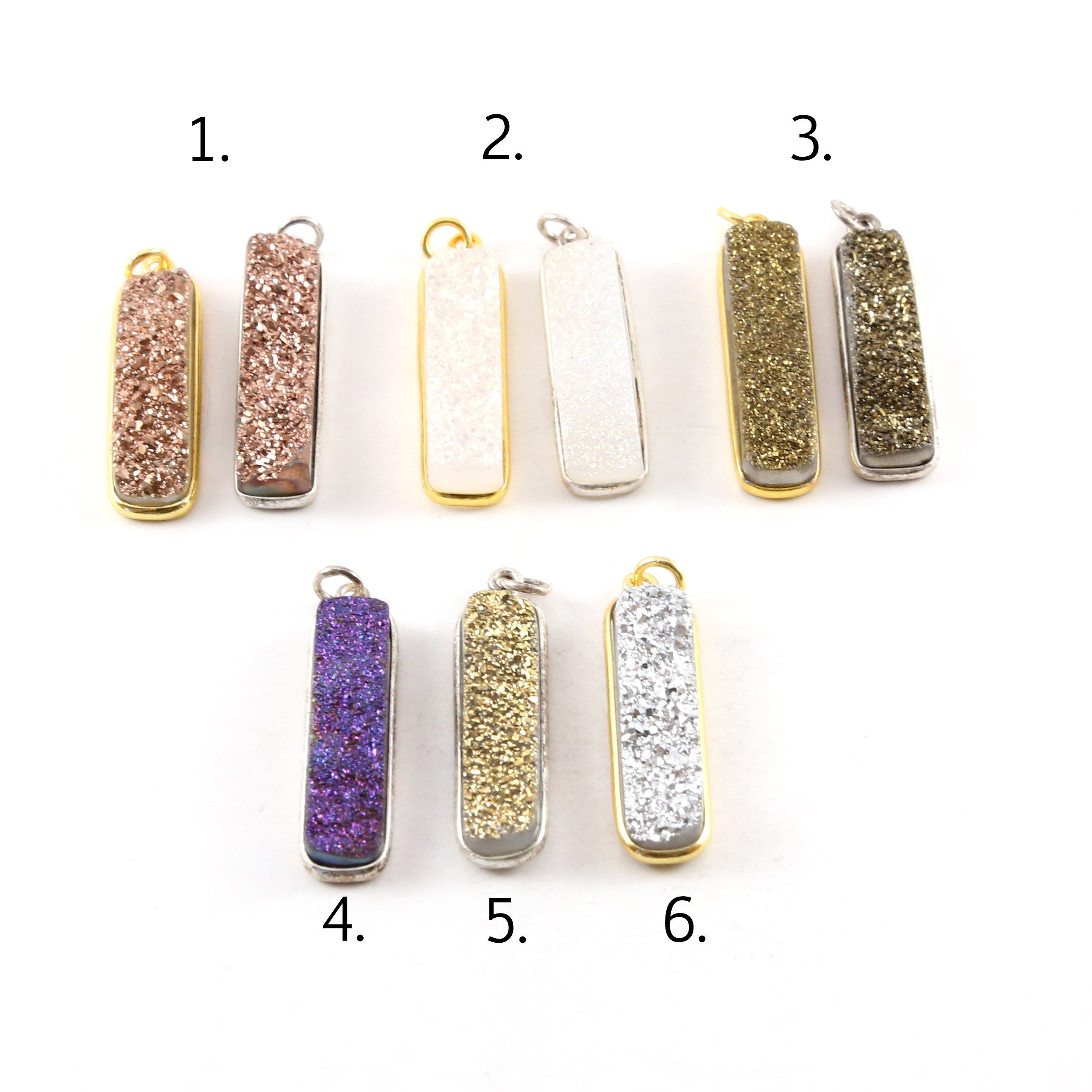Sterling Silver or Vermeil Tall Sparkling Druzy Bar Pendant Charm 1 Loop