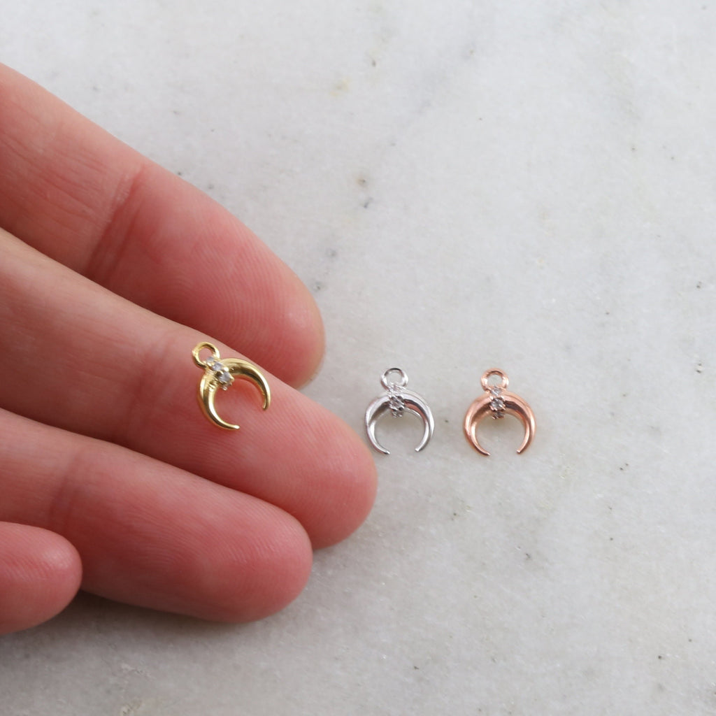 9mmx5mm Rhodium Plated Small Horn Crescent Moon with Cubic Zirconia Stone
