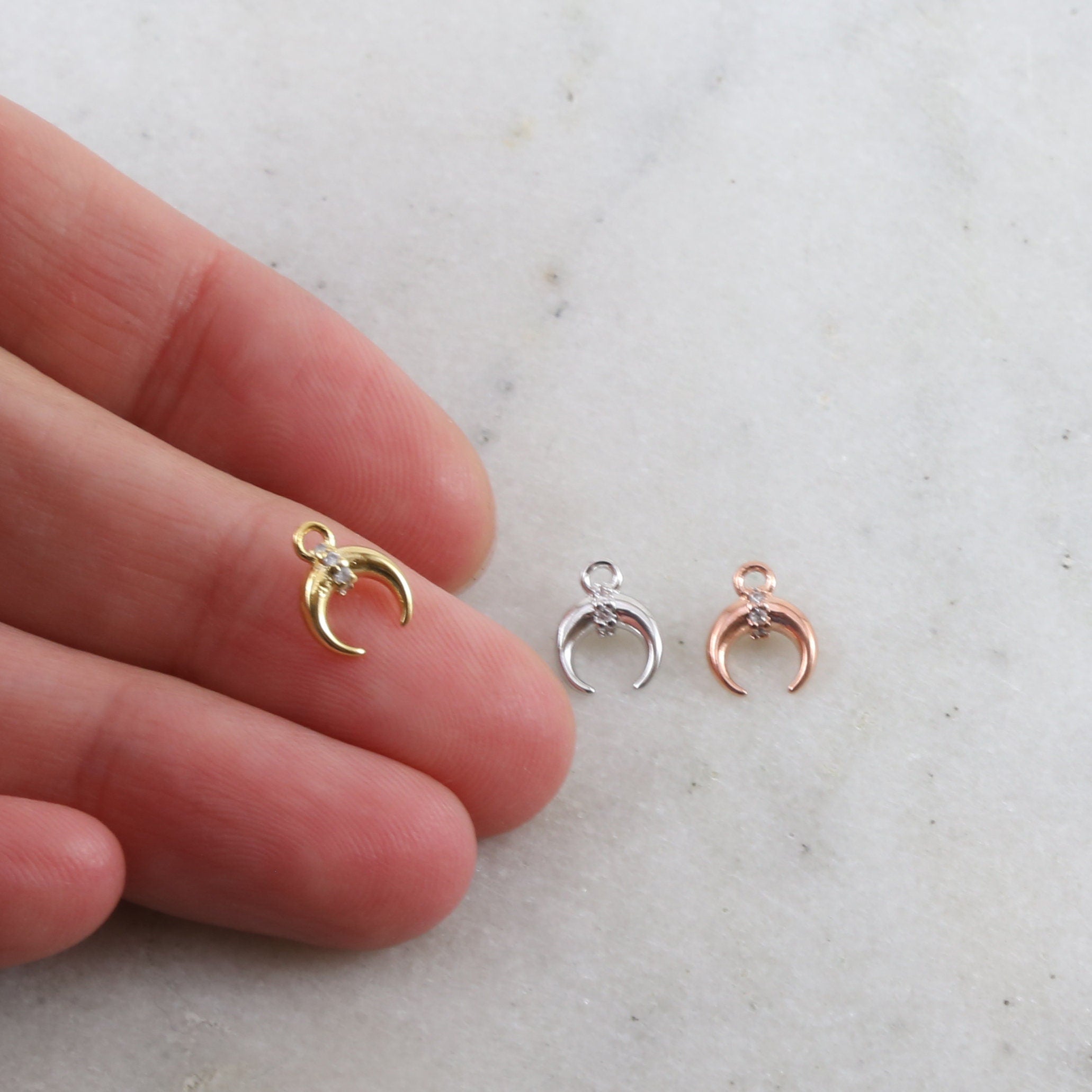 9mmx5mm Rhodium Plated Small Horn Crescent Moon with Cubic Zirconia Stone