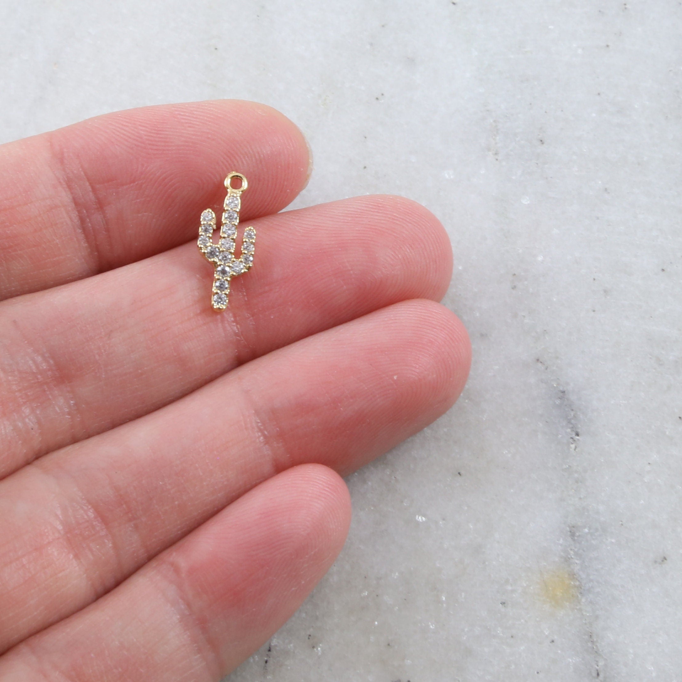 14mmx5mm Gold Plated or Base Metal Tiny Cactus Pave CZ Charm Cubic Zirconia