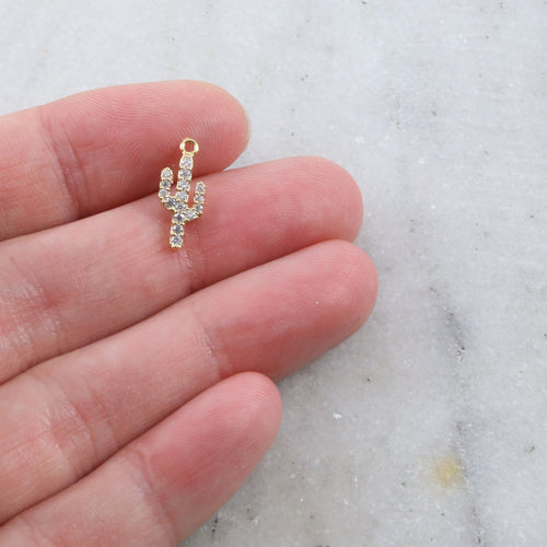 14mmx5mm Gold Plated or Base Metal Tiny Cactus Pave CZ Charm Cubic Zirconia