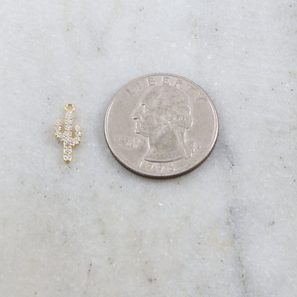 14mmx5mm Gold Plated or Base Metal Tiny Cactus Pave CZ Charm Cubic Zirconia