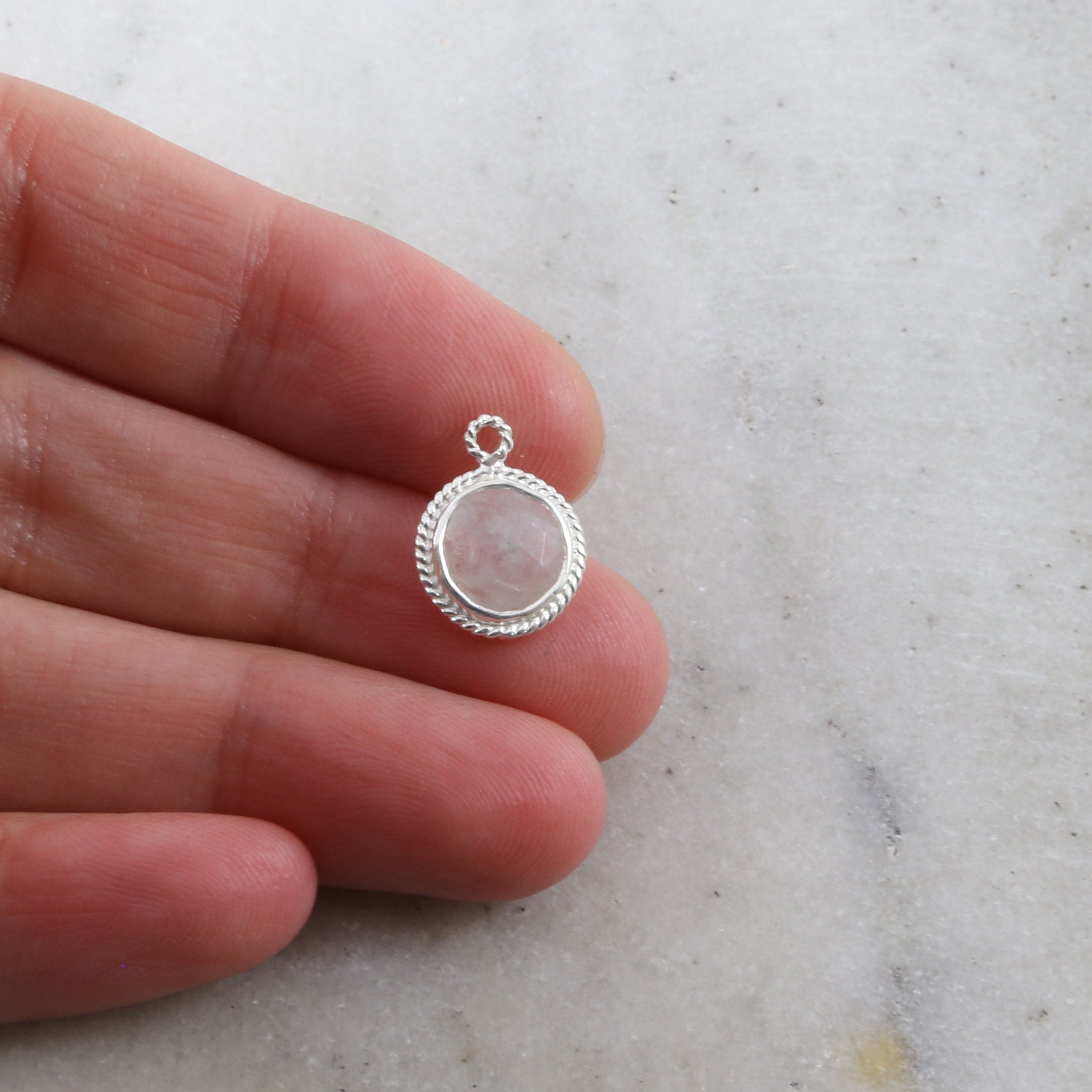Sterling Silver Small Faceted Rainbow Moonstone Round Pendant Charm