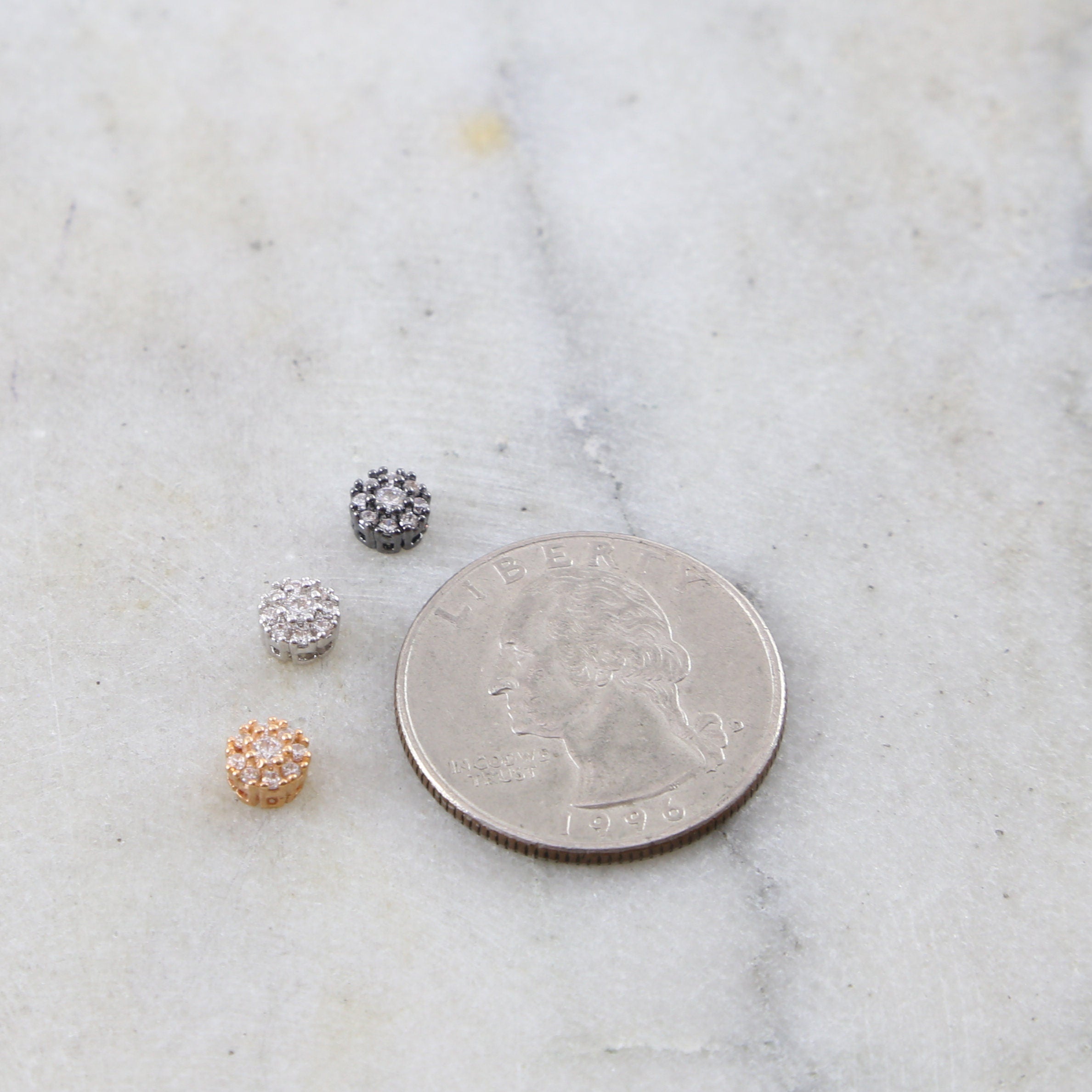 Rhodium Plated Daisy Flower Pave Bead Cubic Zirconia CZ Spacer Bead