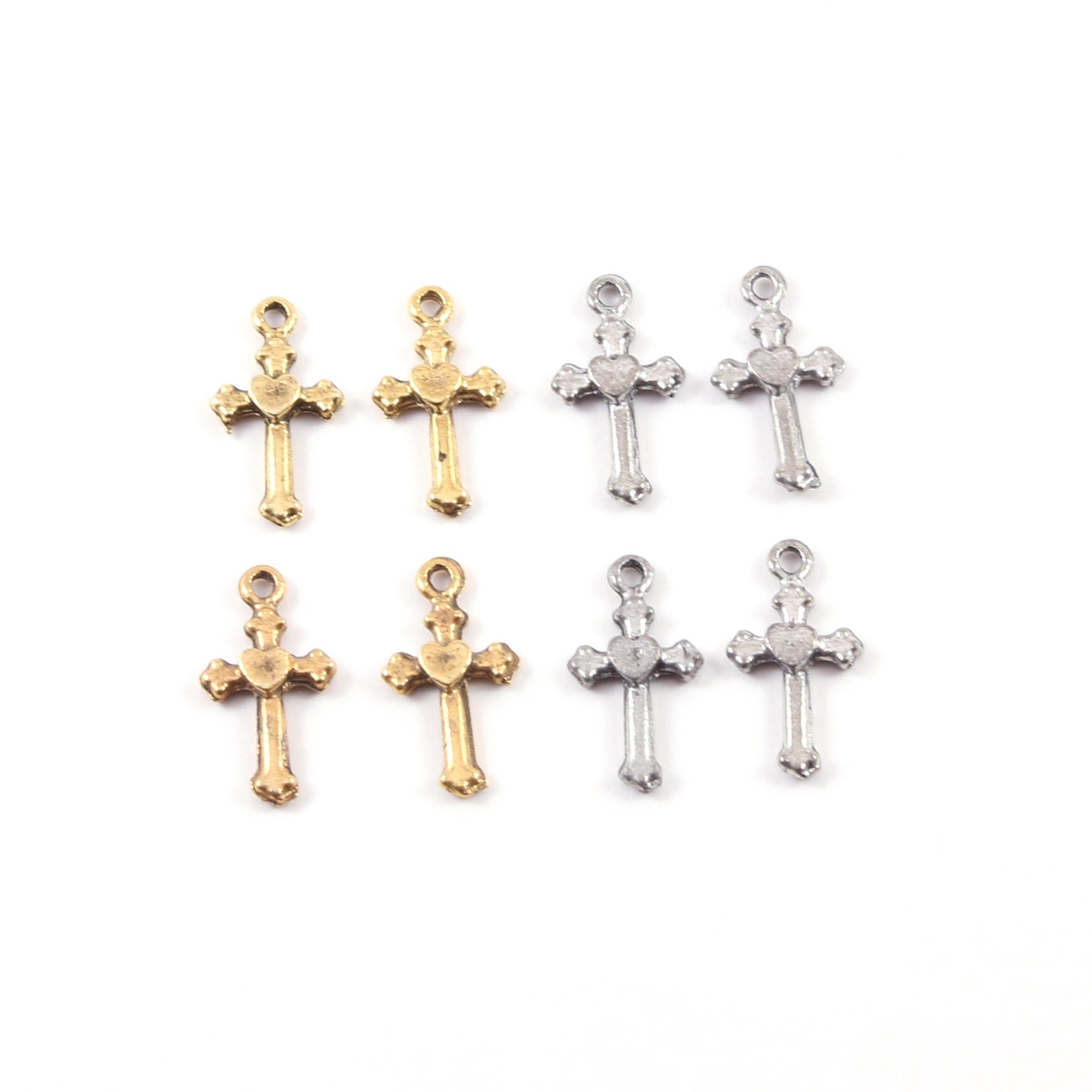 18mmx9mm Pewter Mini Cross Charm with Heart in Center Pendant Religious (4pc)