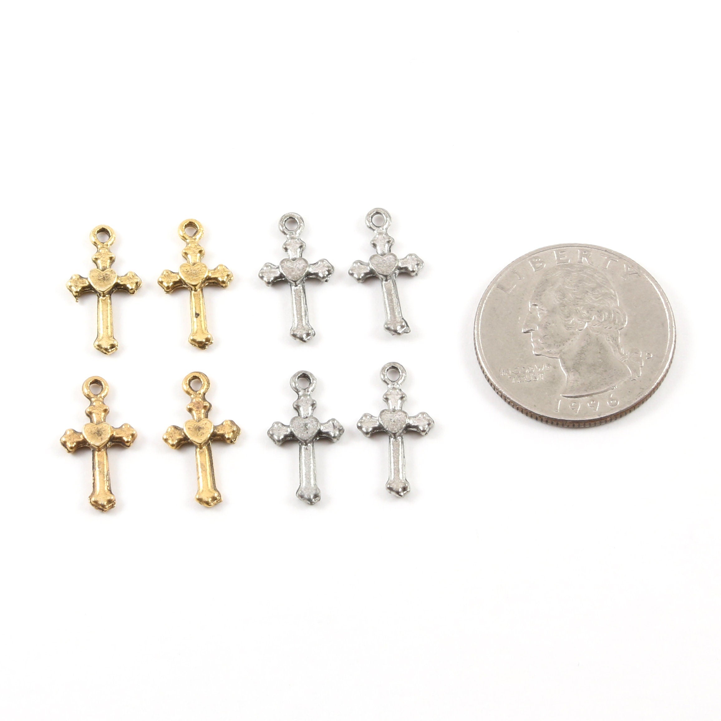 18mmx9mm Pewter Mini Cross Charm with Heart in Center Pendant Religious (4pc)