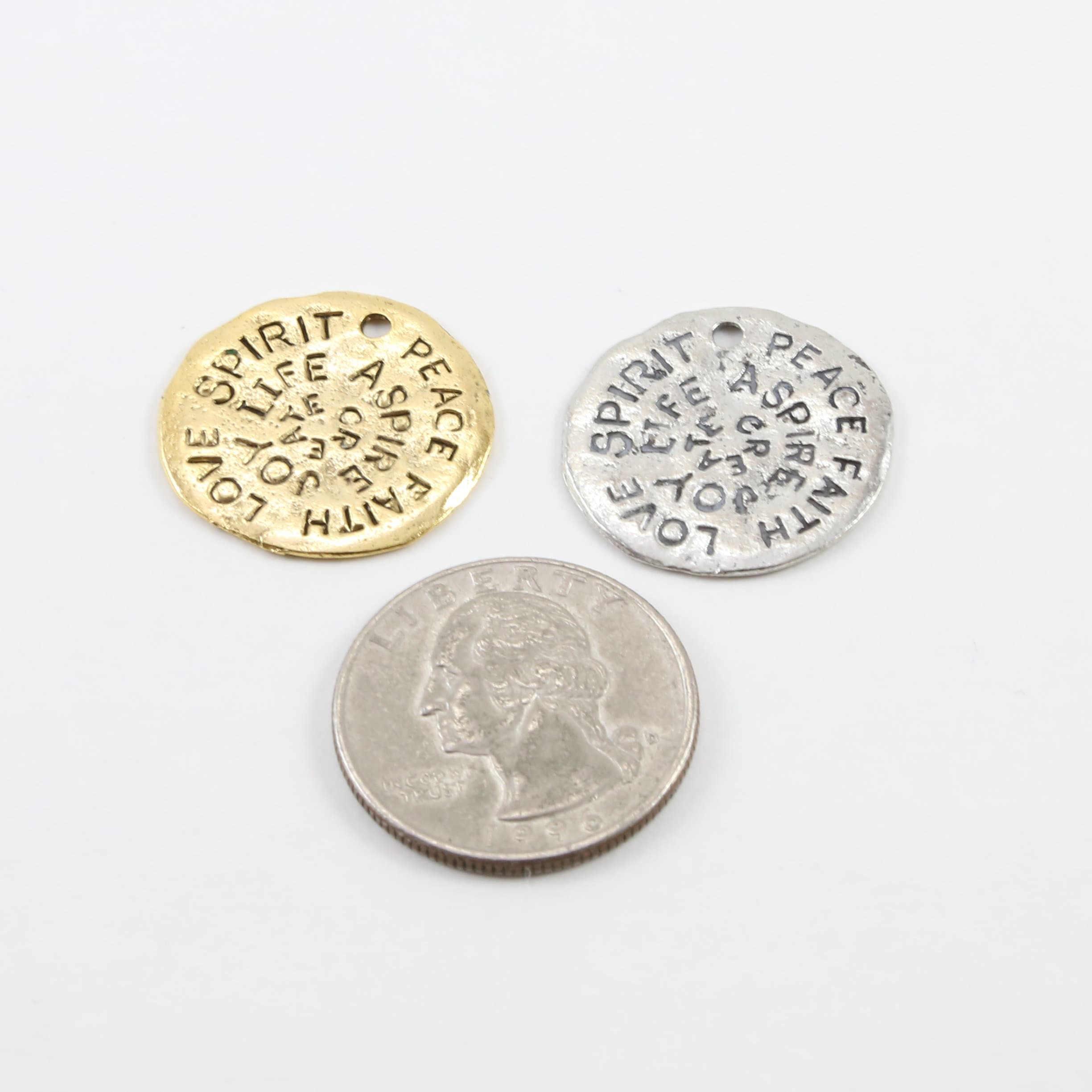 22mm Pewter Large Coin Medallion Stamped Words Spirit Peace Faith