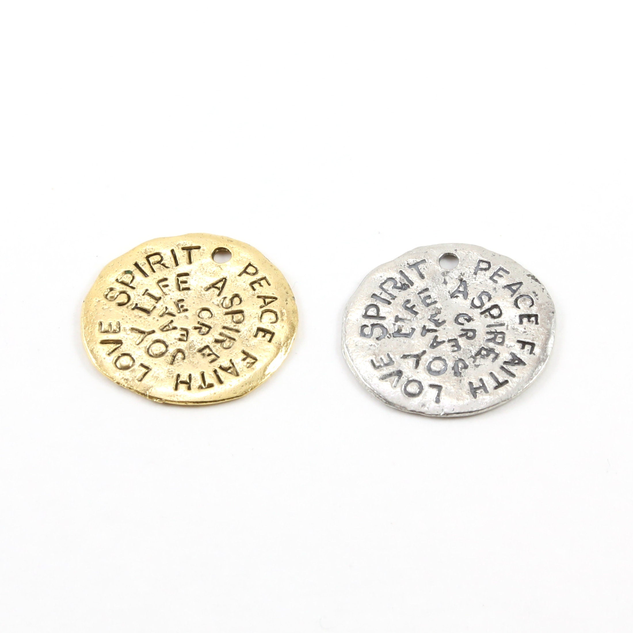 22mm Pewter Large Coin Medallion Stamped Words Spirit Peace Faith