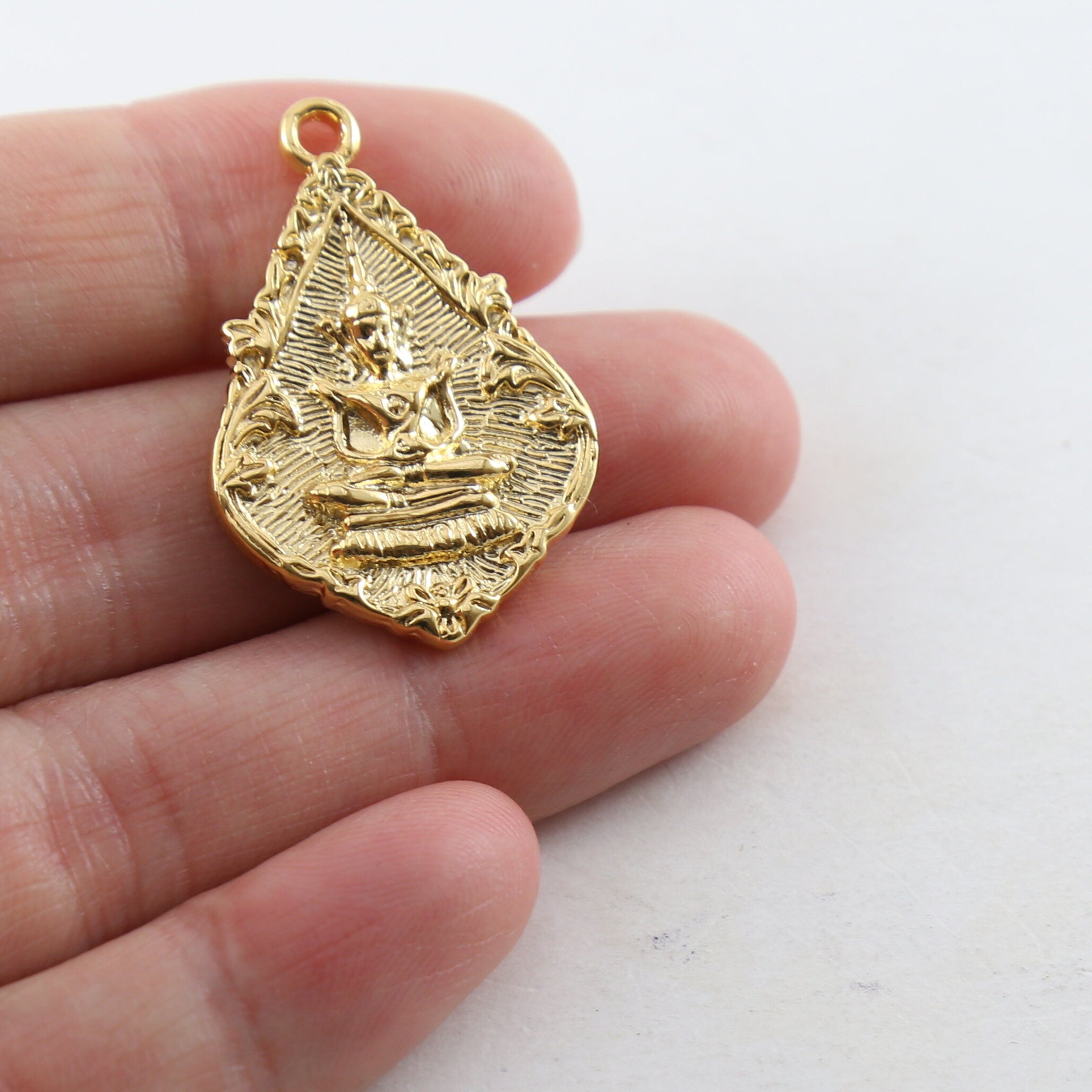 Sterling Silver or Vermeil Double Sided Buddha Pointed Teardrop Detailed Yoga