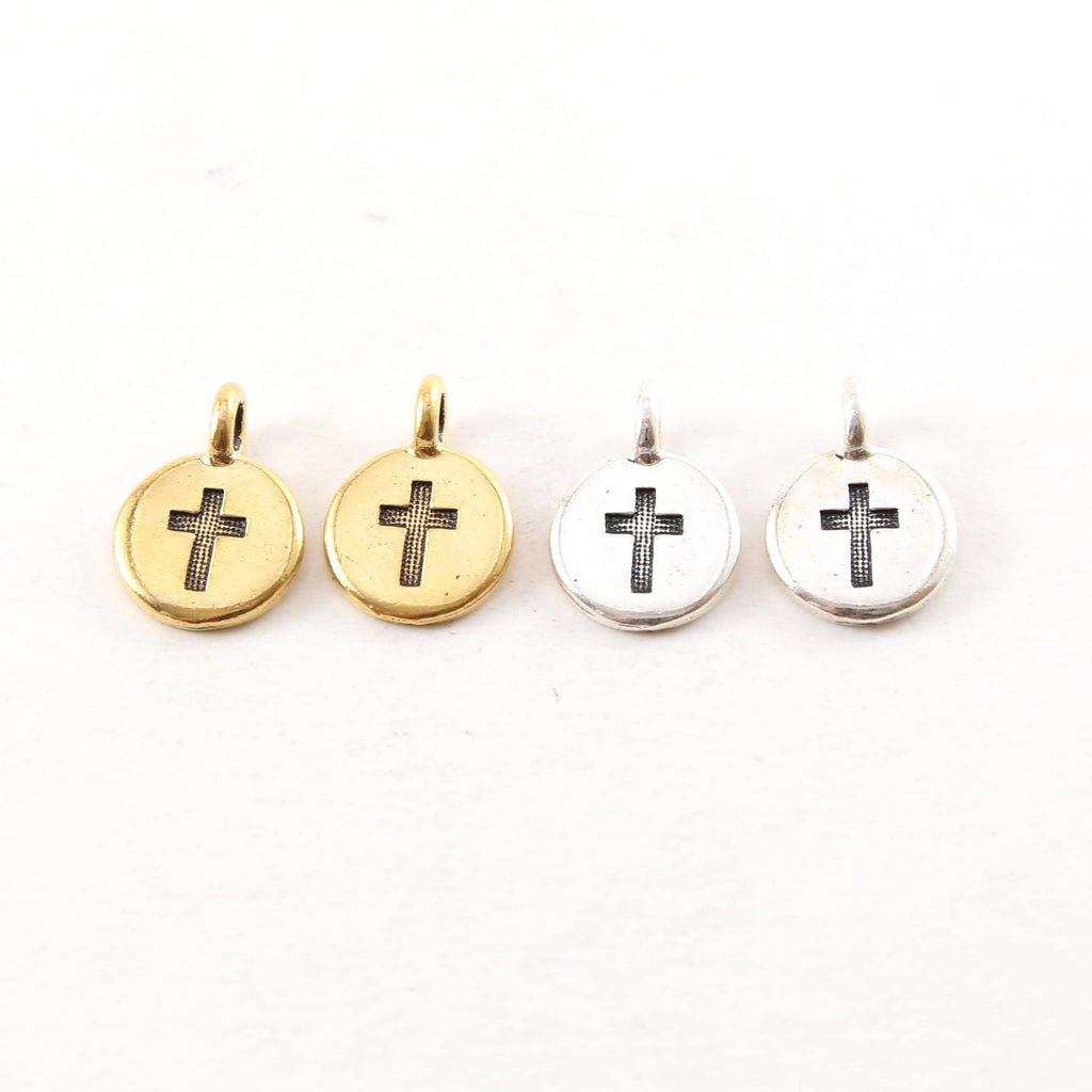 Pewter Coin Stamped Cross Circle Charm with Bail Pendant (2pc)