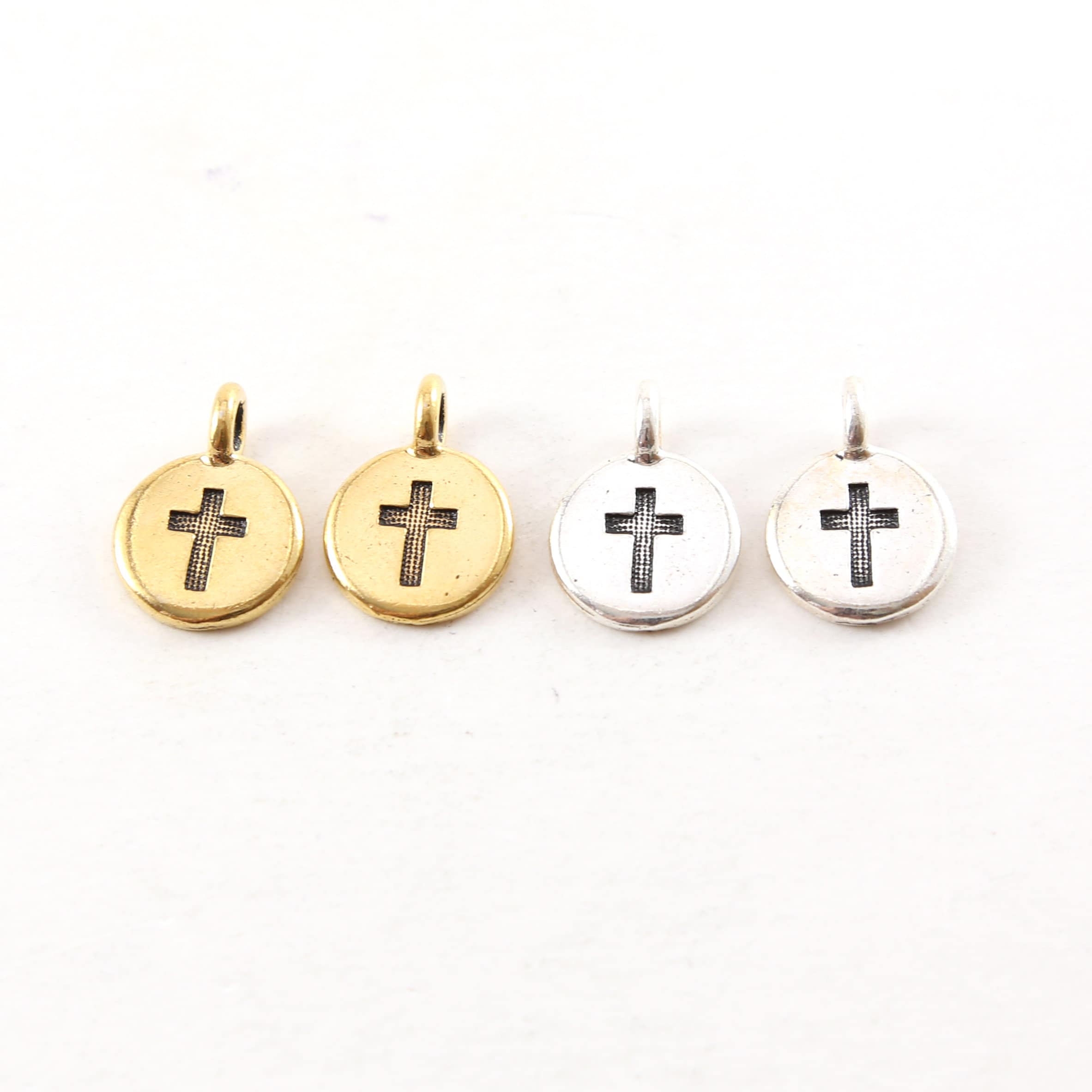 Pewter Coin Stamped Cross Circle Charm with Bail Pendant (2pc)