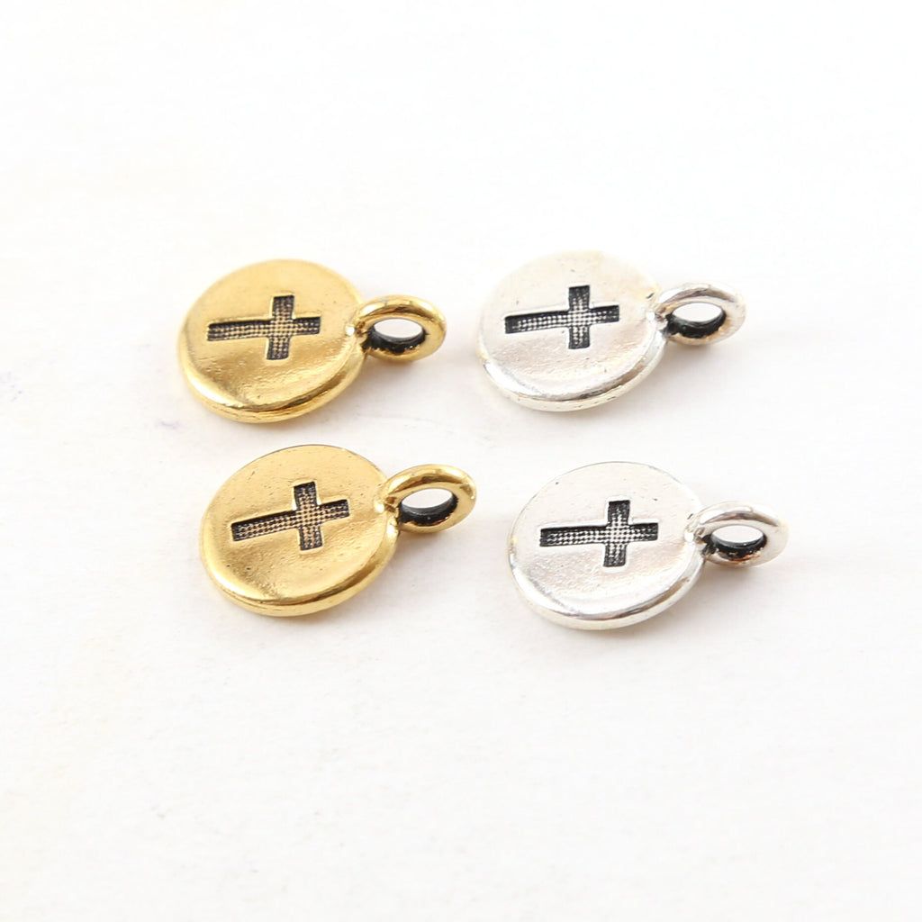 Pewter Coin Stamped Cross Circle Charm with Bail Pendant (2pc)
