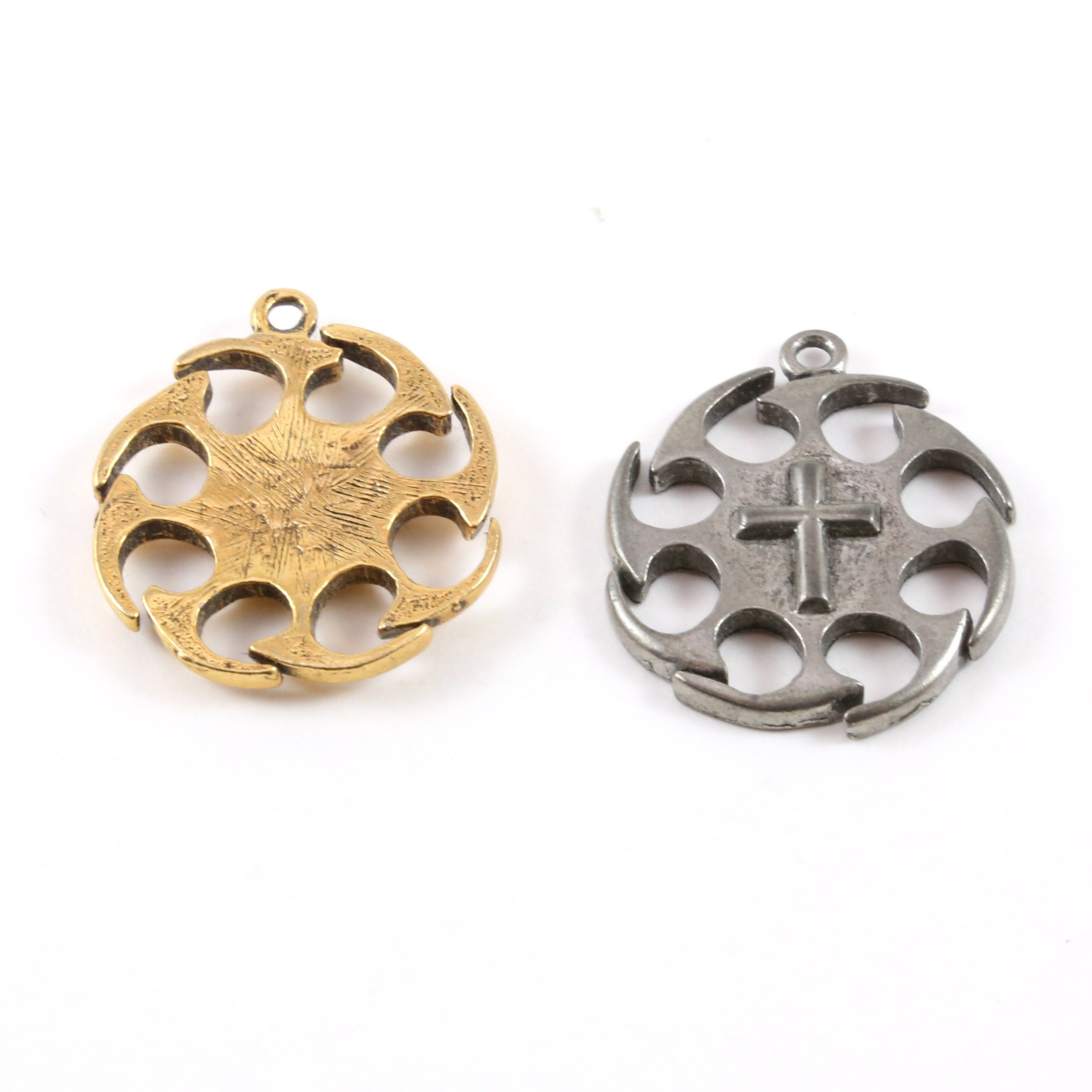 Pewter Extra Large Cross Circle Jagged Edges Cross Coin Charm