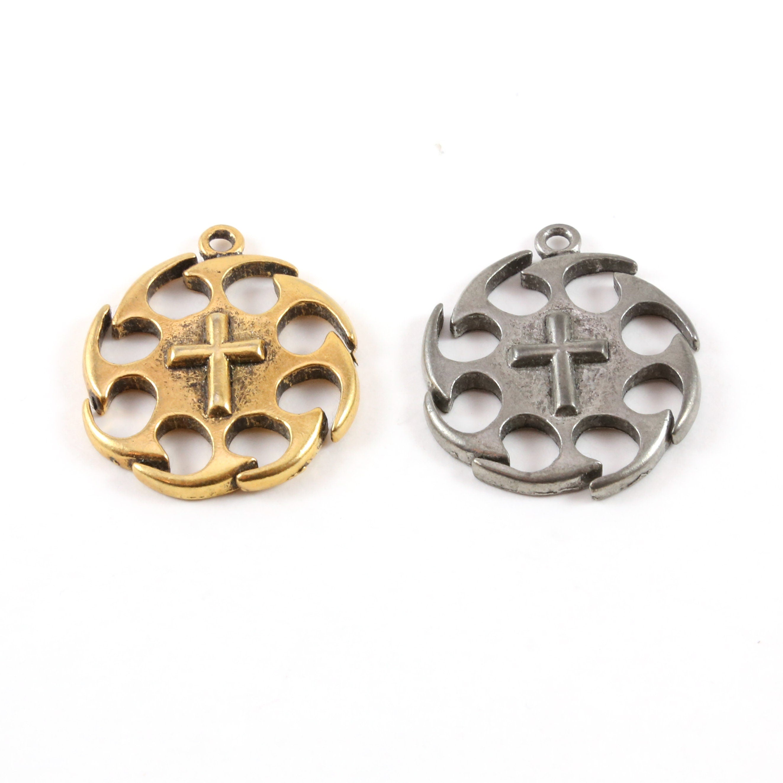 Pewter Extra Large Cross Circle Jagged Edges Cross Coin Charm