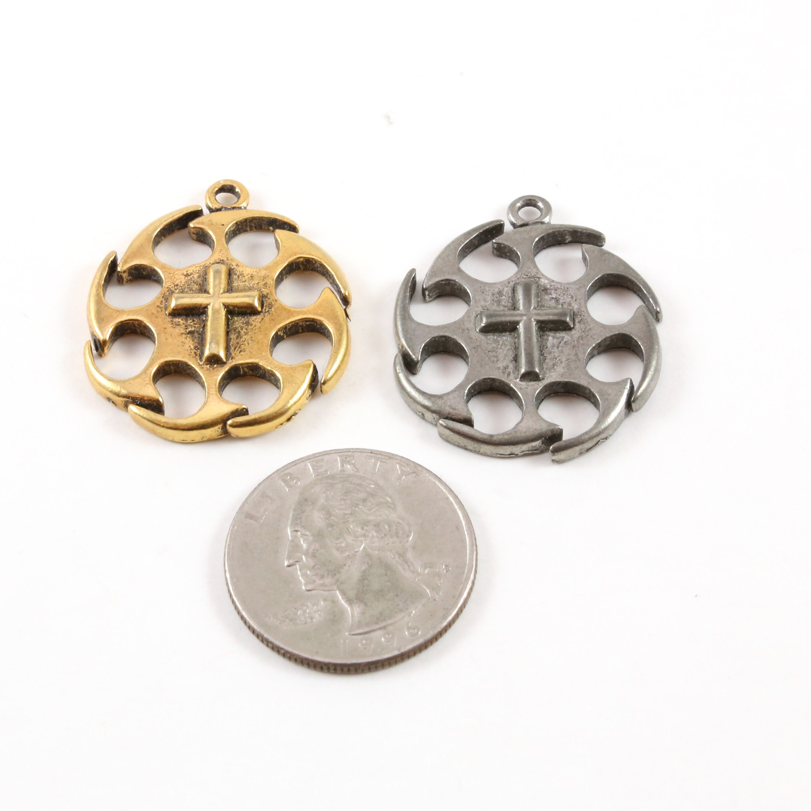 Pewter Extra Large Cross Circle Jagged Edges Cross Coin Charm