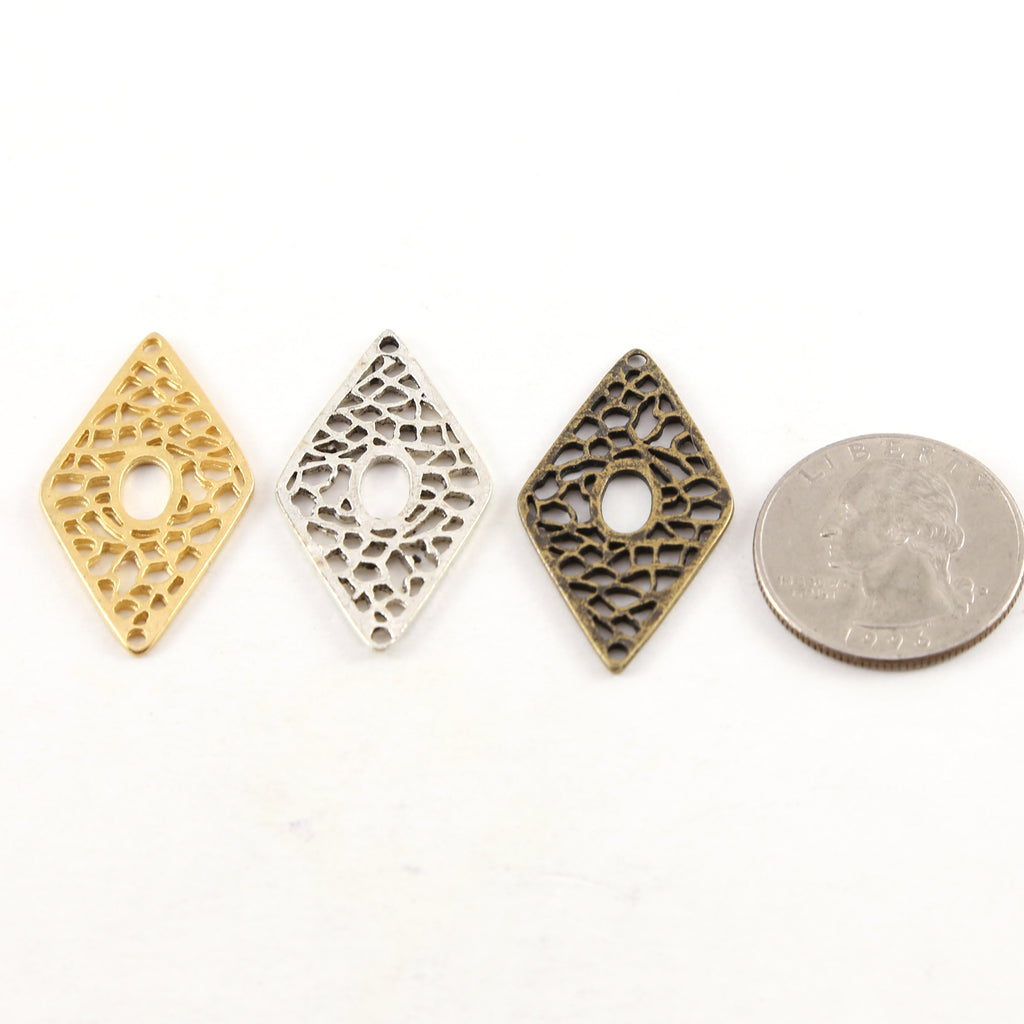 Pewter Metal Filigree Diamond Pendant Connector 2 Hole Charm