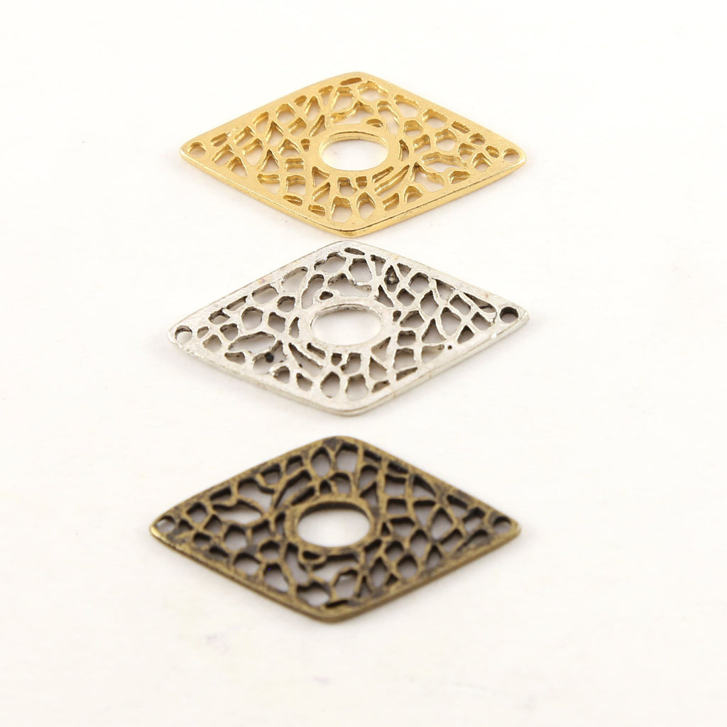 Pewter Metal Filigree Diamond Pendant Connector 2 Hole Charm