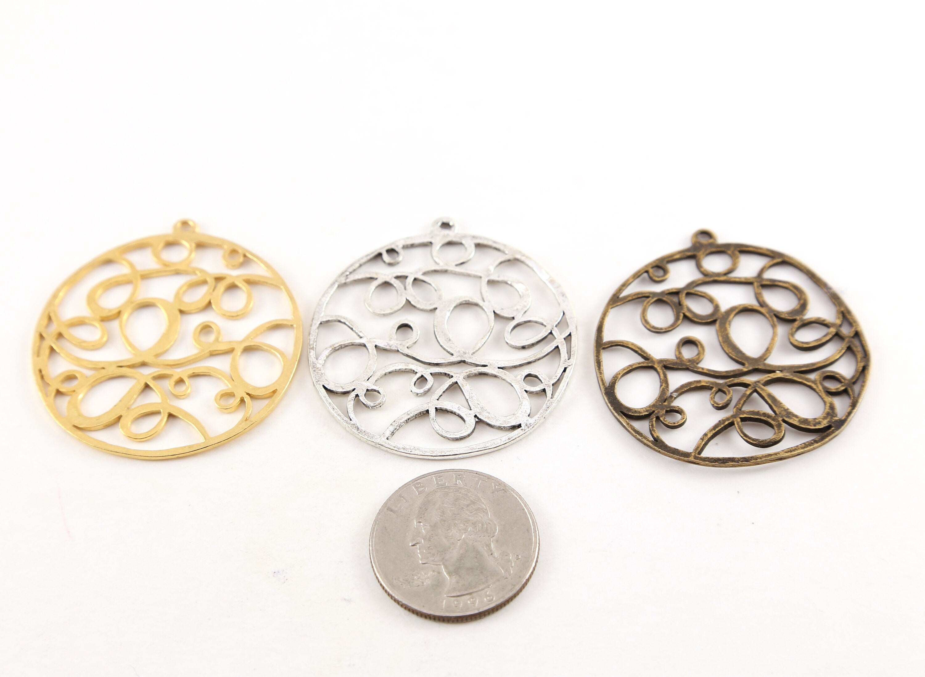 Pewter Large Filigree Swirl Curly Circle Metal Circle Coin