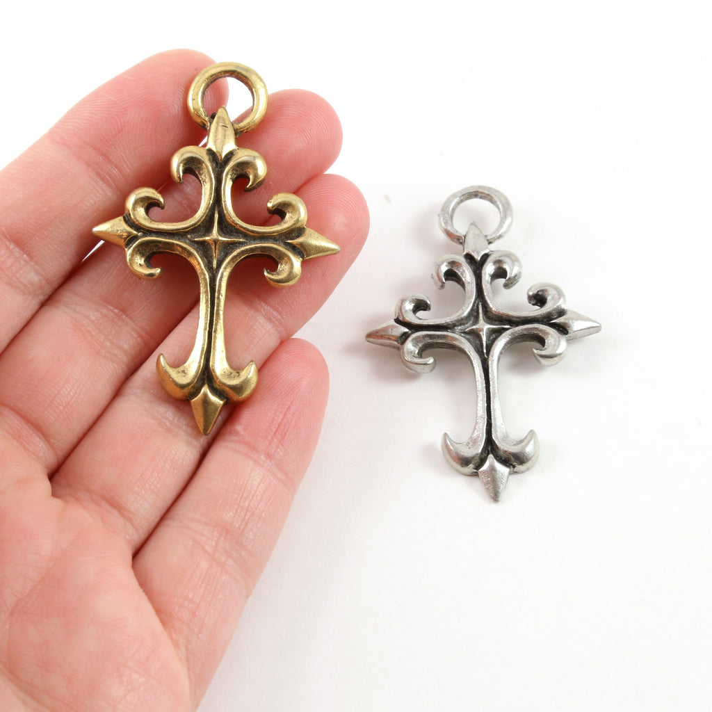 50mmx32mm Pewter Extra Large Fleur De Lis Cross Pendant Religious