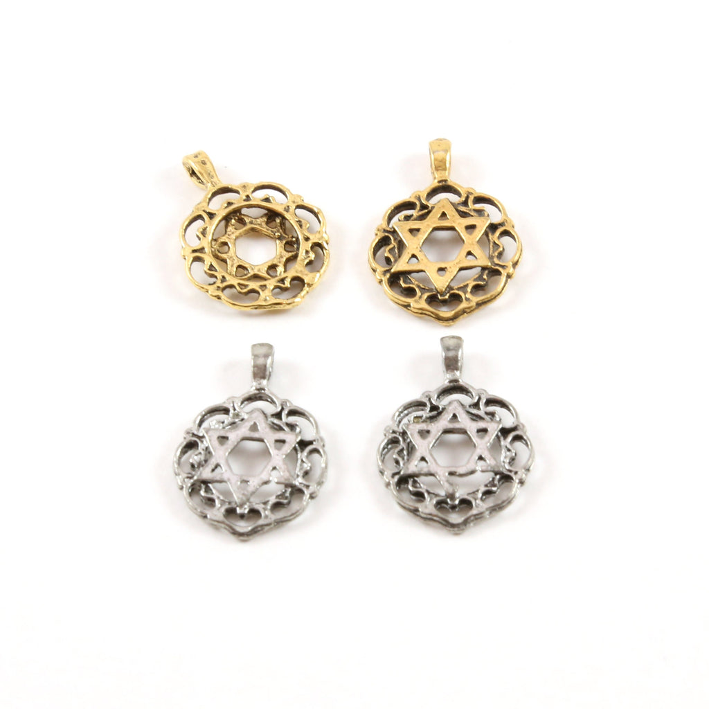 20mmx15mm Pewter Round Scalloped Edge Star of David Coin Pendant Charm (2pc)