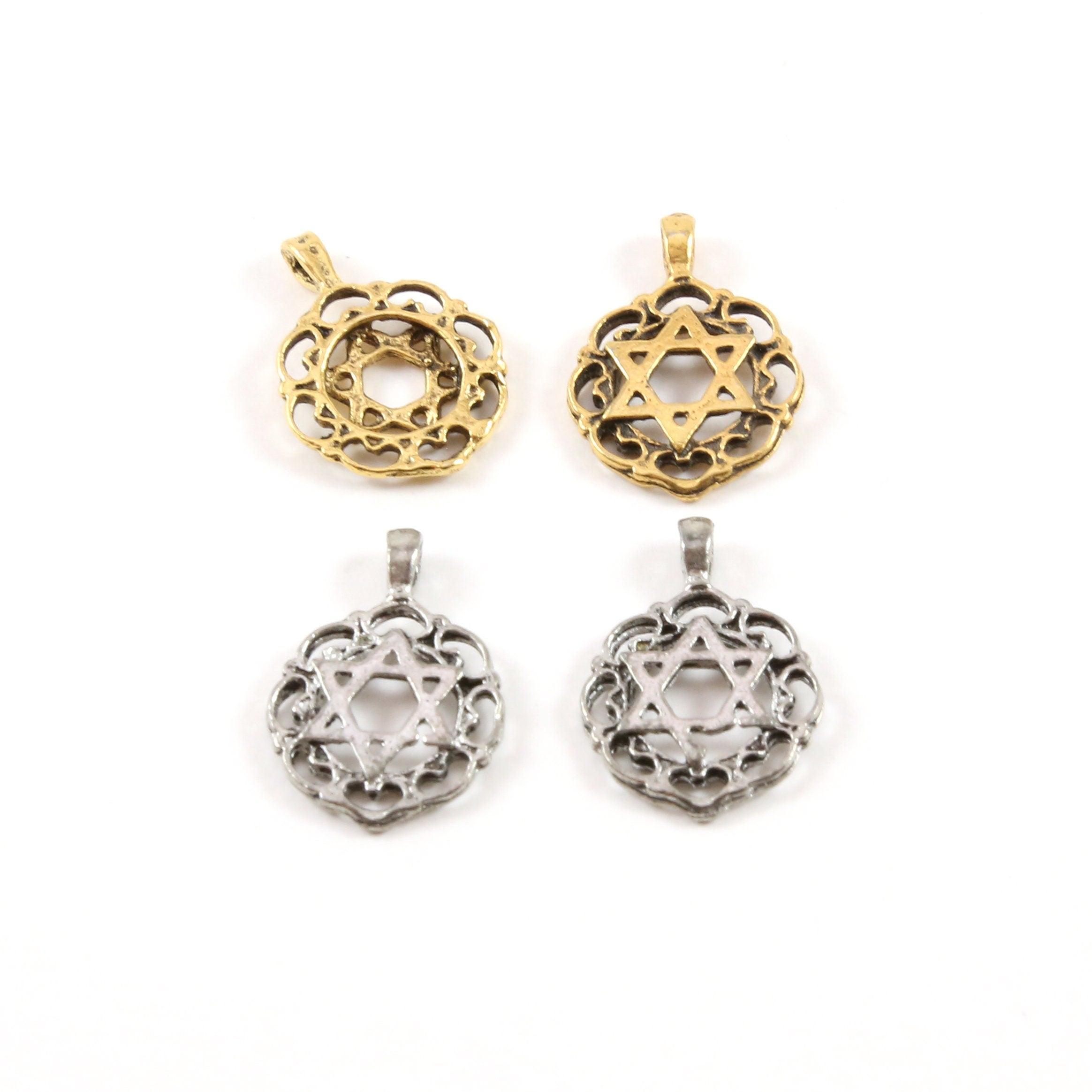 20mmx15mm Pewter Round Scalloped Edge Star of David Coin Pendant Charm (2pc)